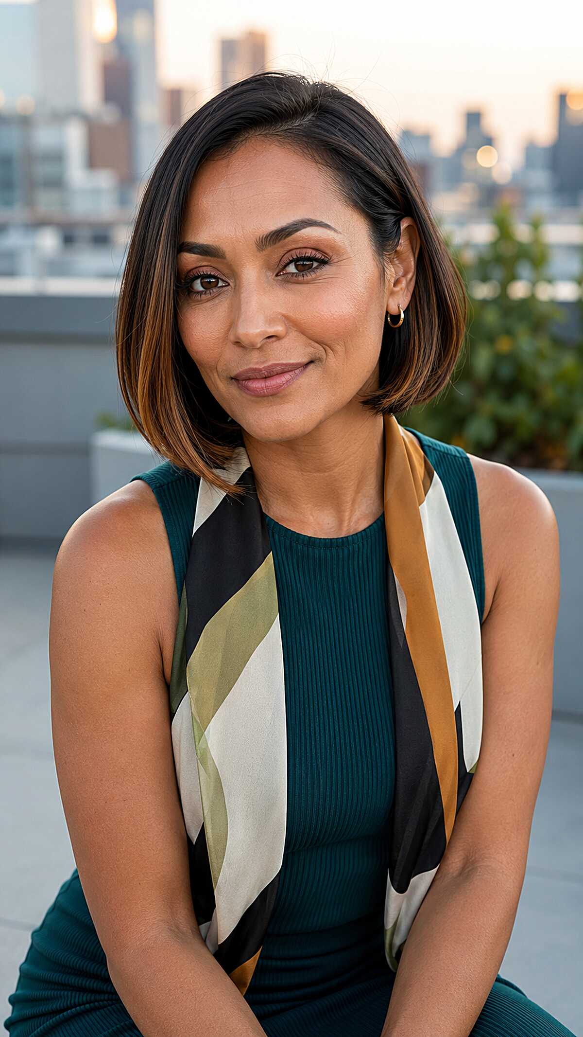 Blunt Chin-Length Bob with Caramel Tips on Dark Hair