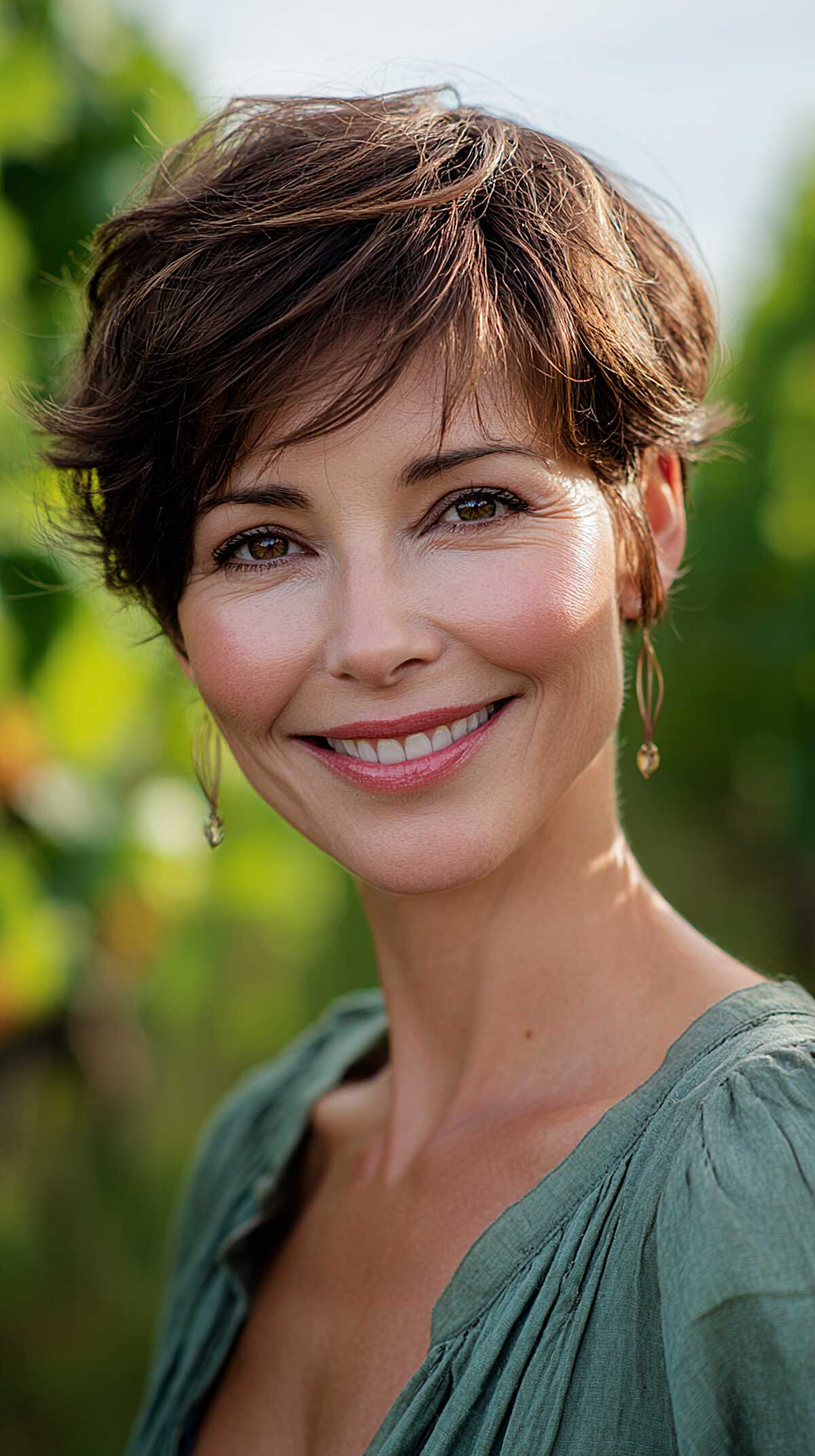 Brunette Pixie with Sunlit Flyaways and Soft Fringe