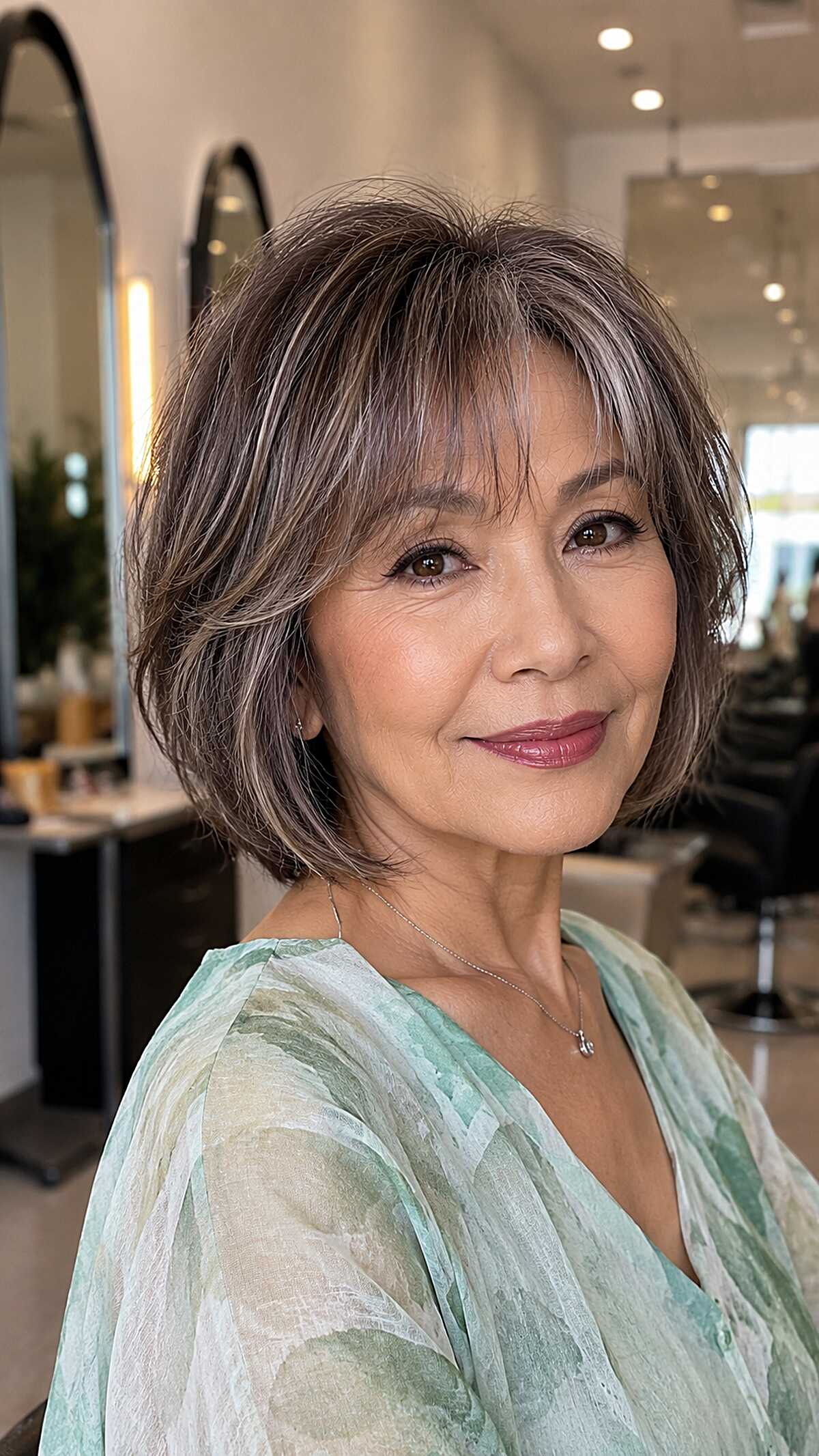 Chin-length layered bob with feathered bangs and silver