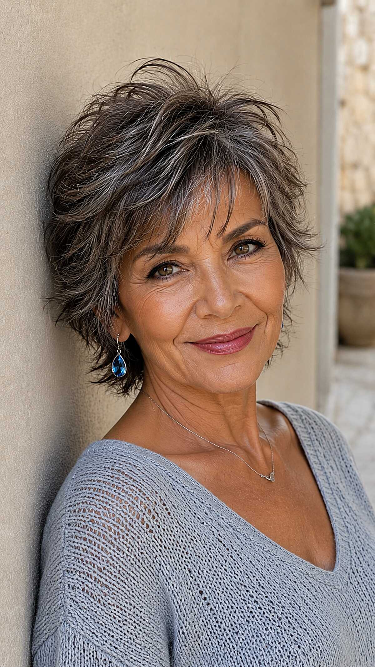 Choppy short shag with silver streaks and wispy ends