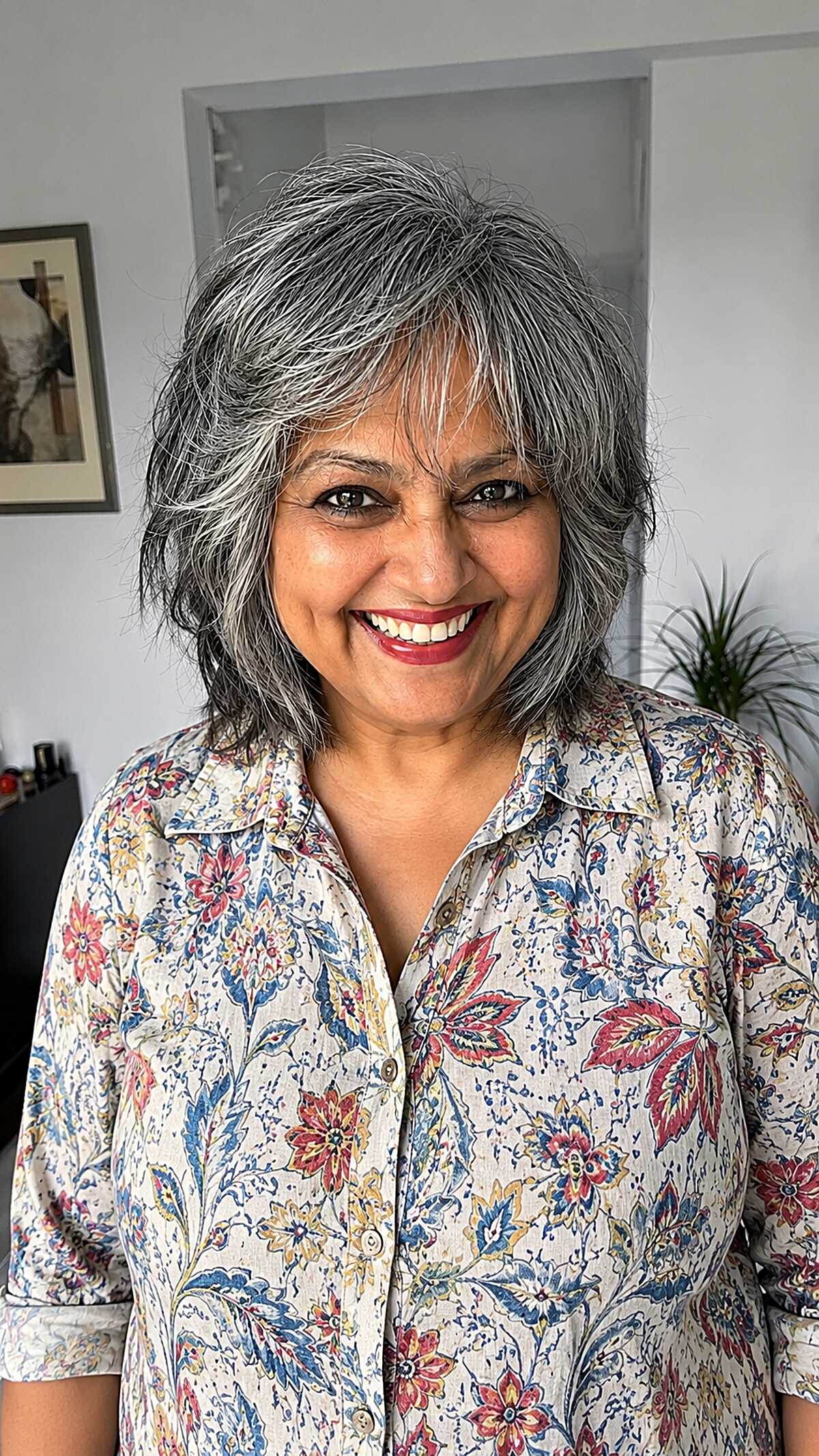Choppy silver-streaked shag bob with layered fringe