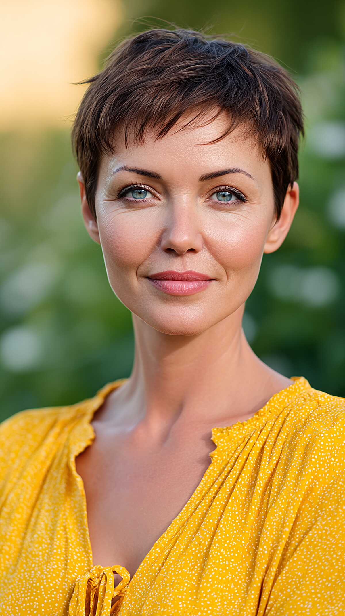 Close-Cropped Brunette Pixie with Feathered Ends