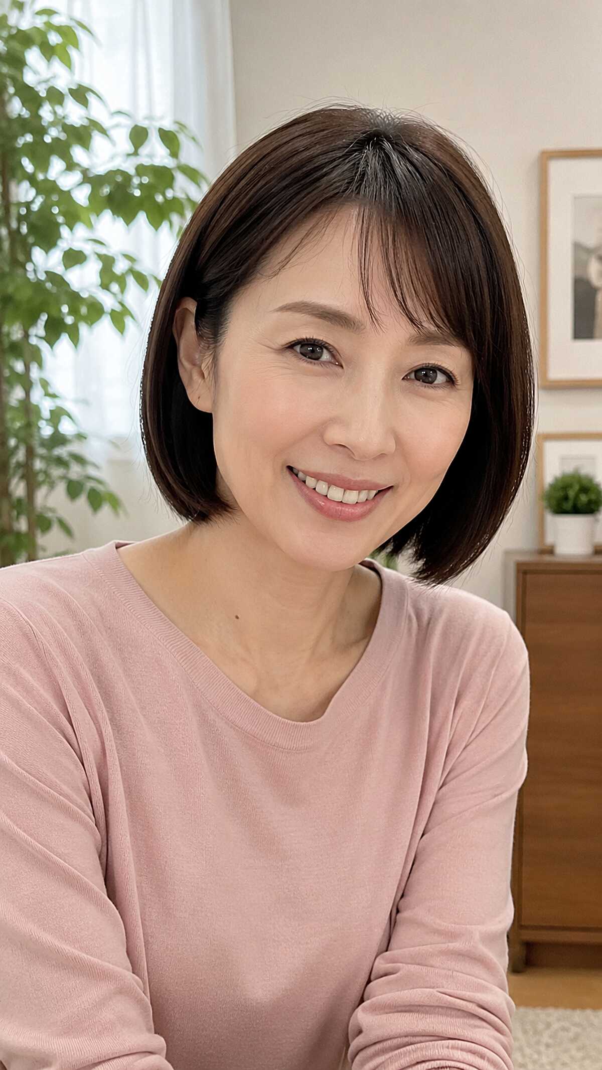 Cool Brunette Chin-Length Box Bob with Wispy Side Fringe