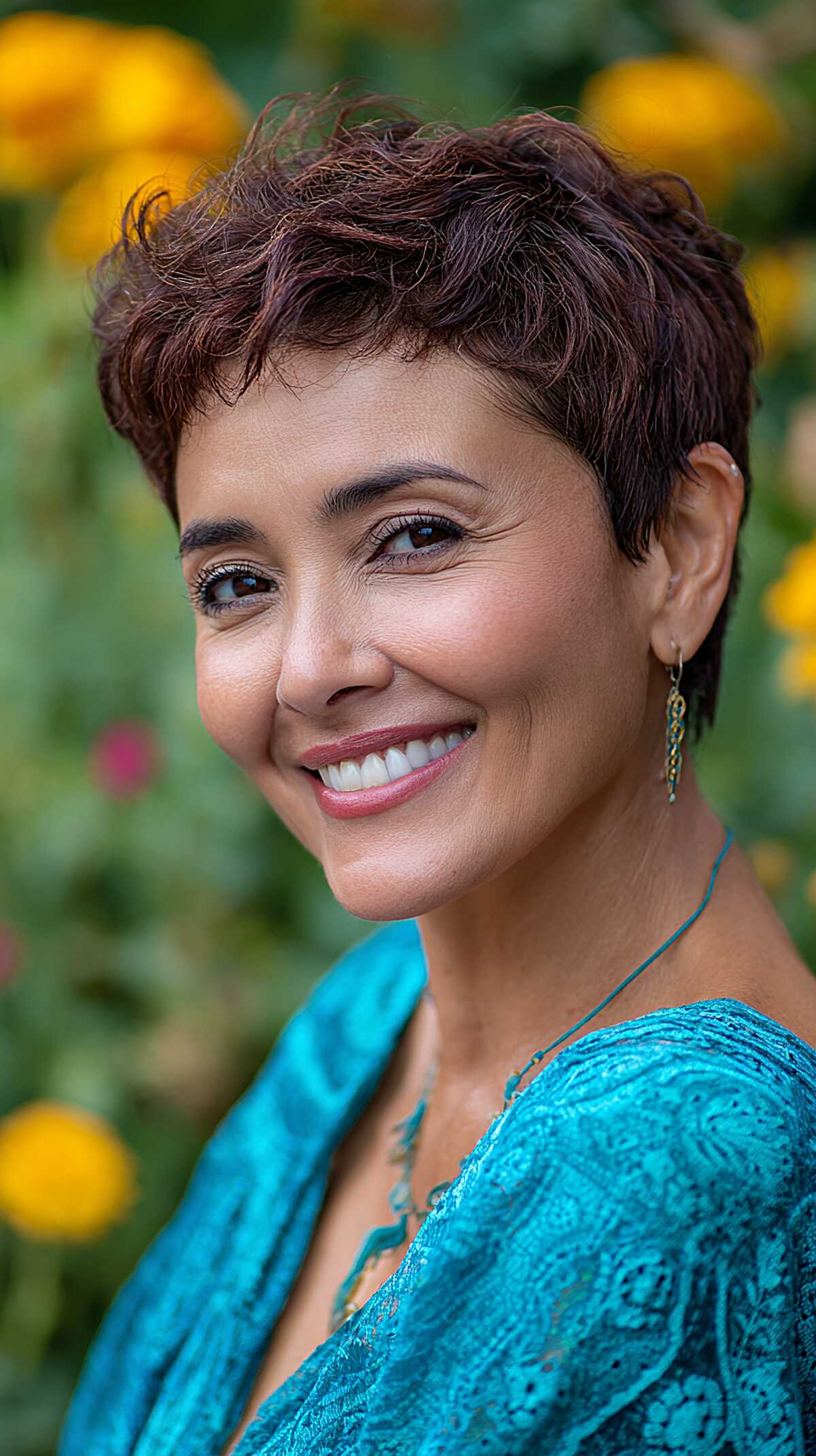 Curly Plum-Brown Pixie with Tapered Sides