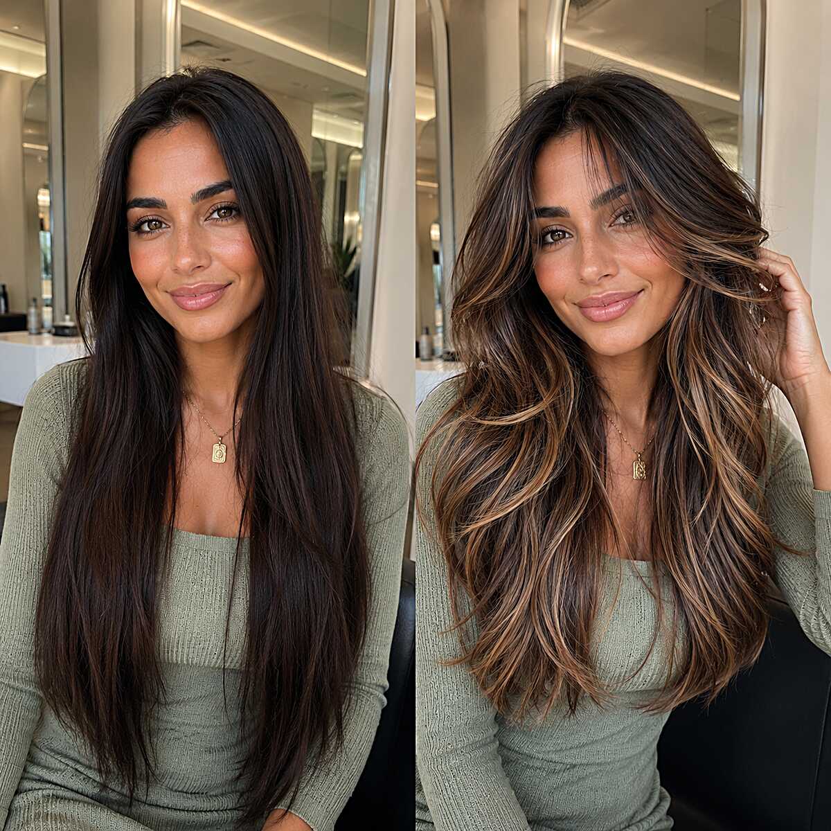 Dark Base to Full Caramel Dimension on Long Layered Hair