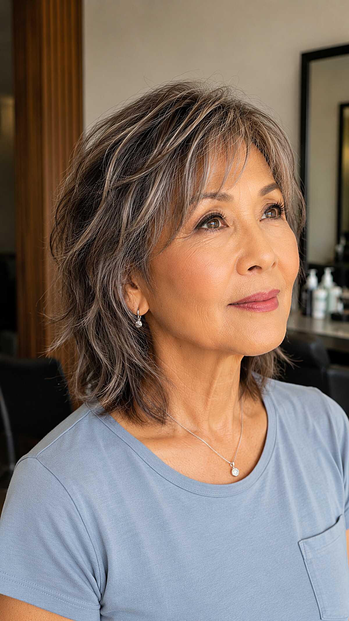 Feathered choppy shag with silver and brunette blend