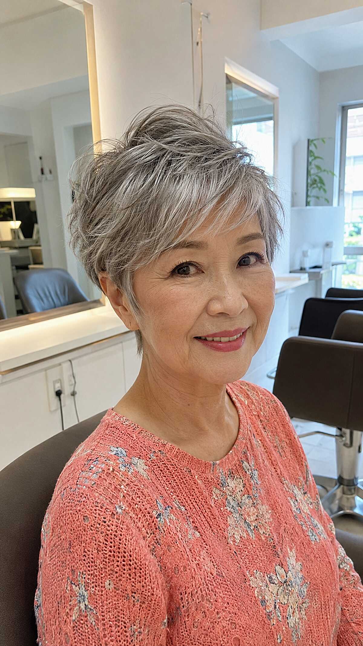 Feathered silver pixie with tousled crown and wispy sides