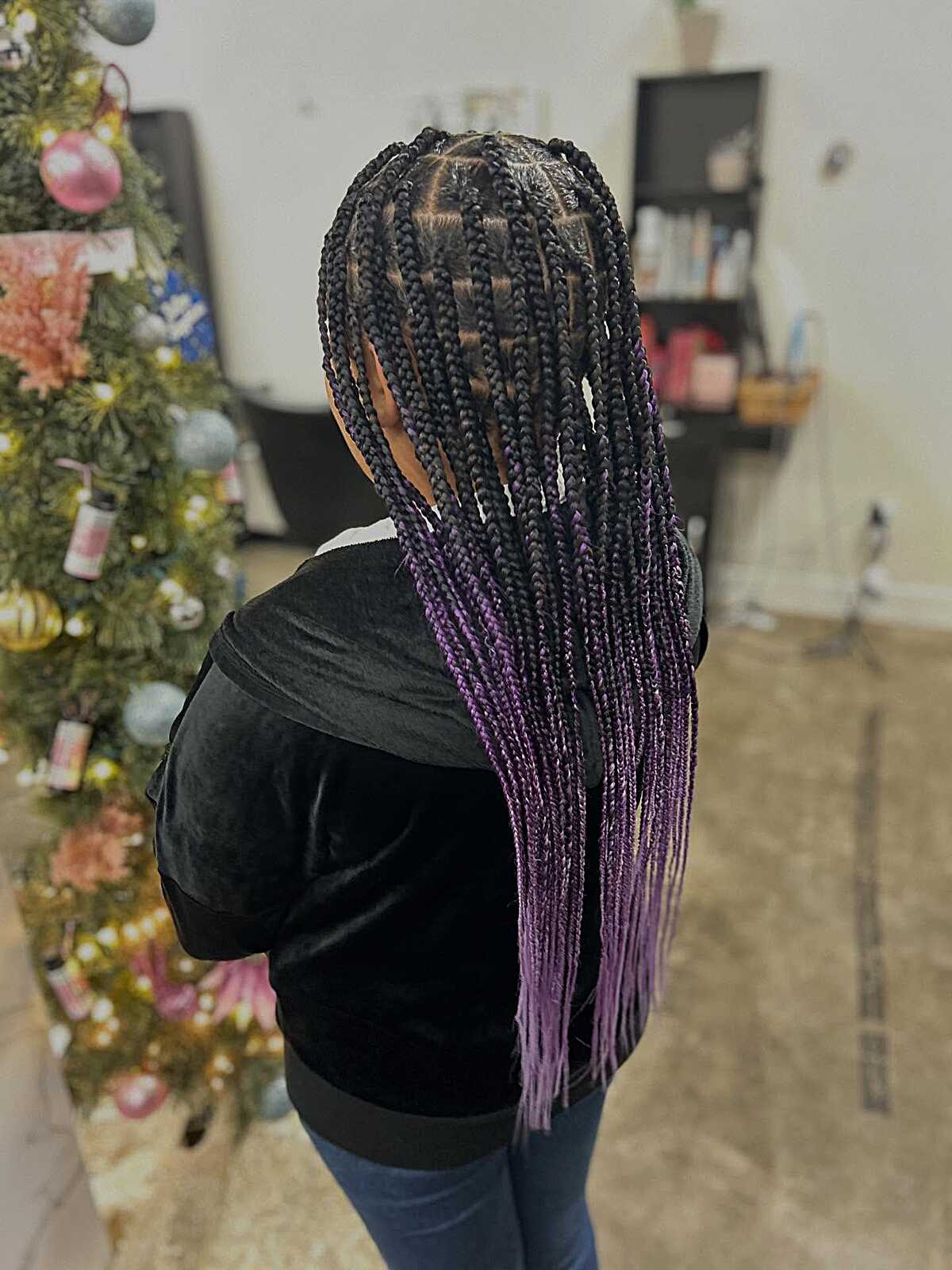 Hip-Length Black-to-Lavender Gradient Box Braids