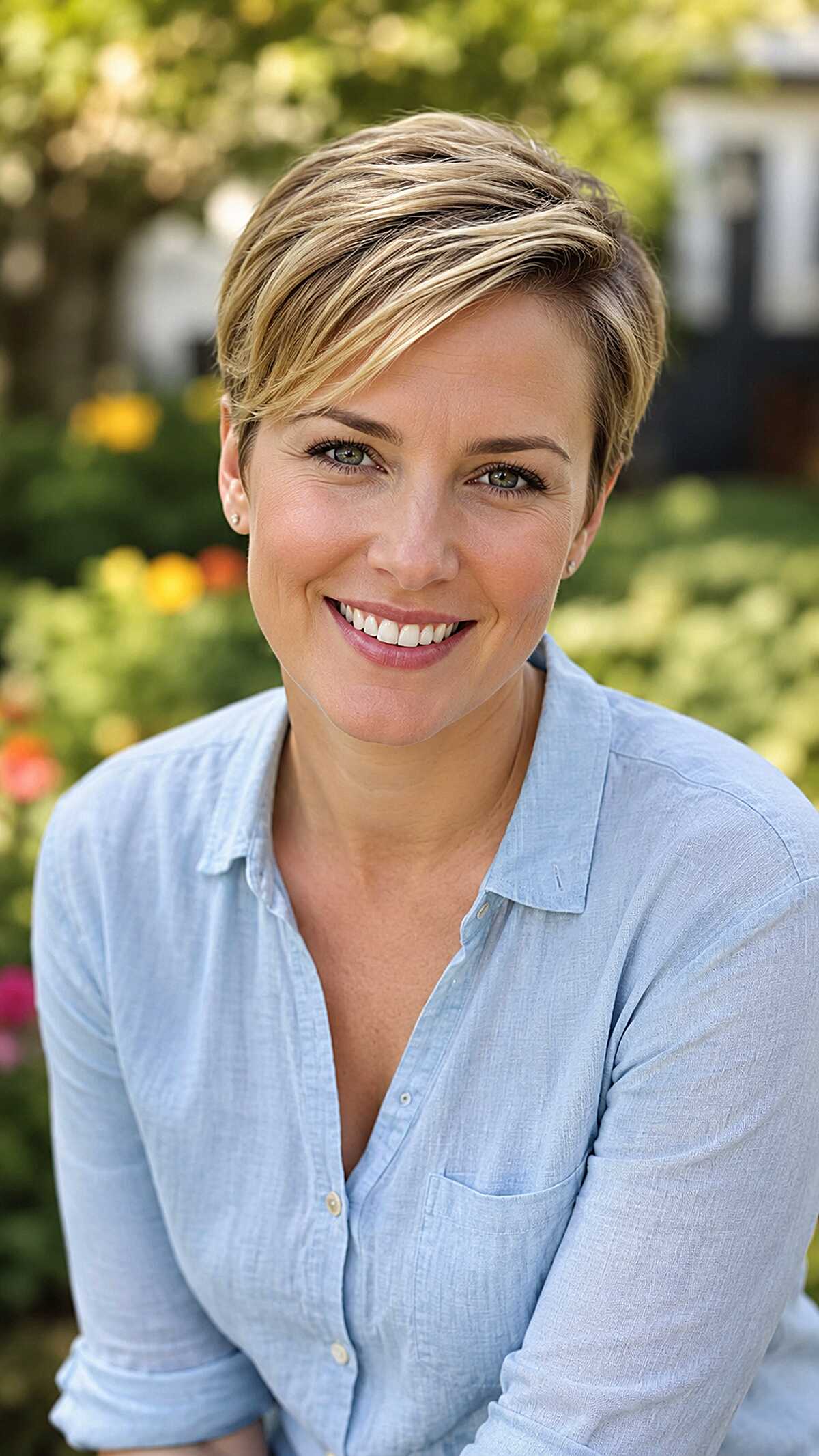 Honey Blonde Pixie with Deep Side Part and Smooth Layers