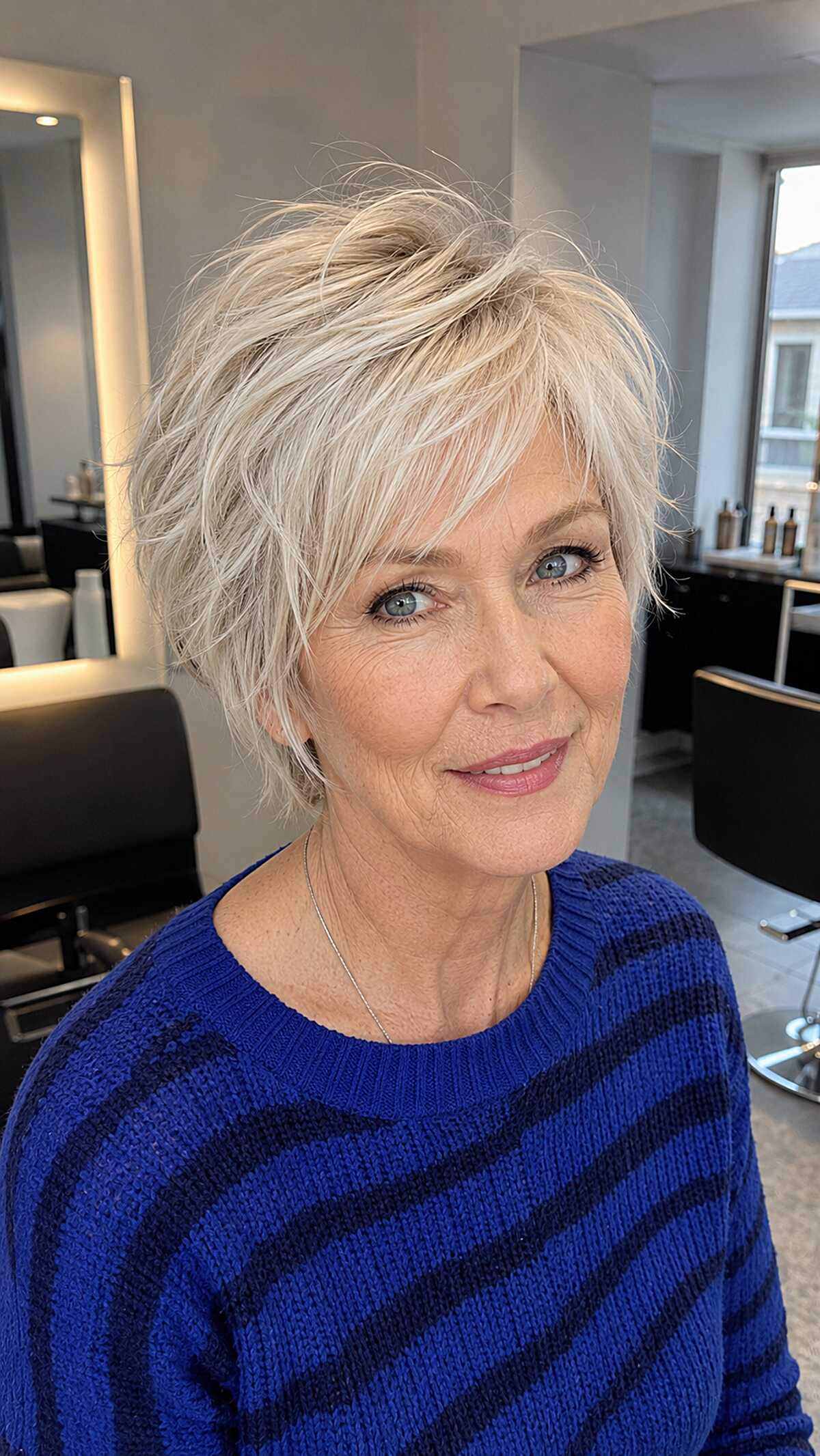 Icy platinum choppy pixie with tousled crown layers