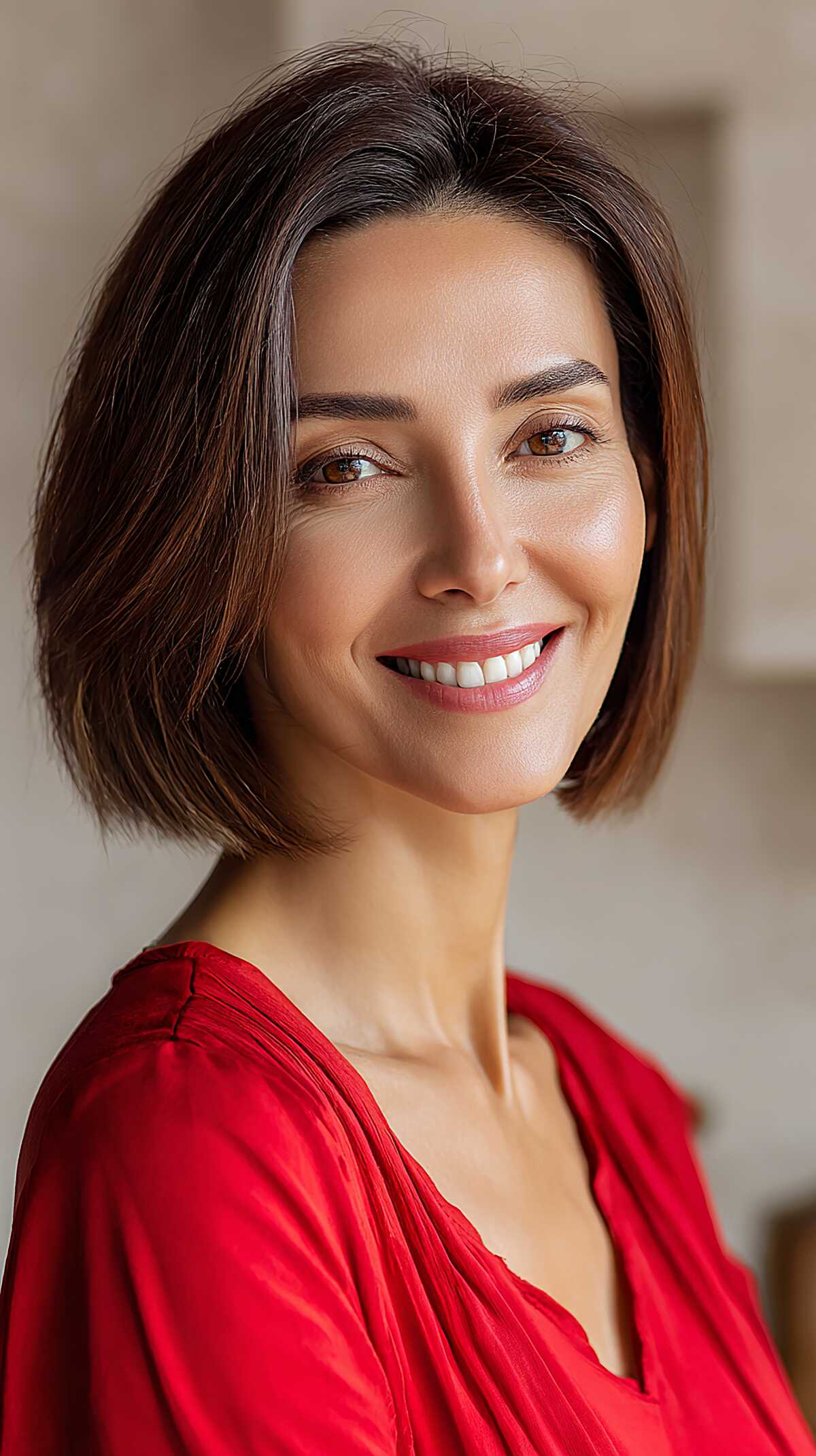 Jaw-Length Brunette Box Bob with Razored Interior Layers