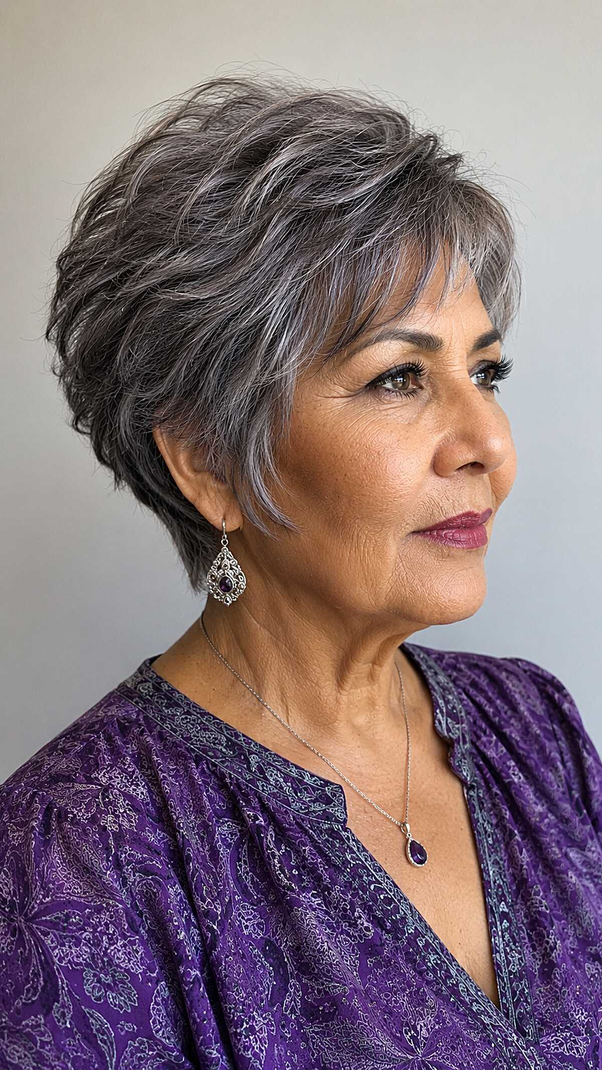 Layered dark pixie with silver highlights and movement