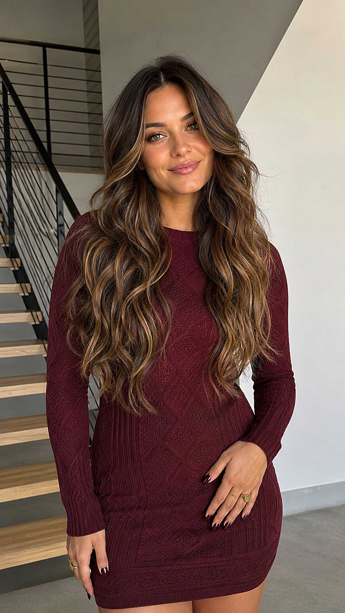 Long Caramel Pieces Concentrated at the Ends on Dark Brunette Waves