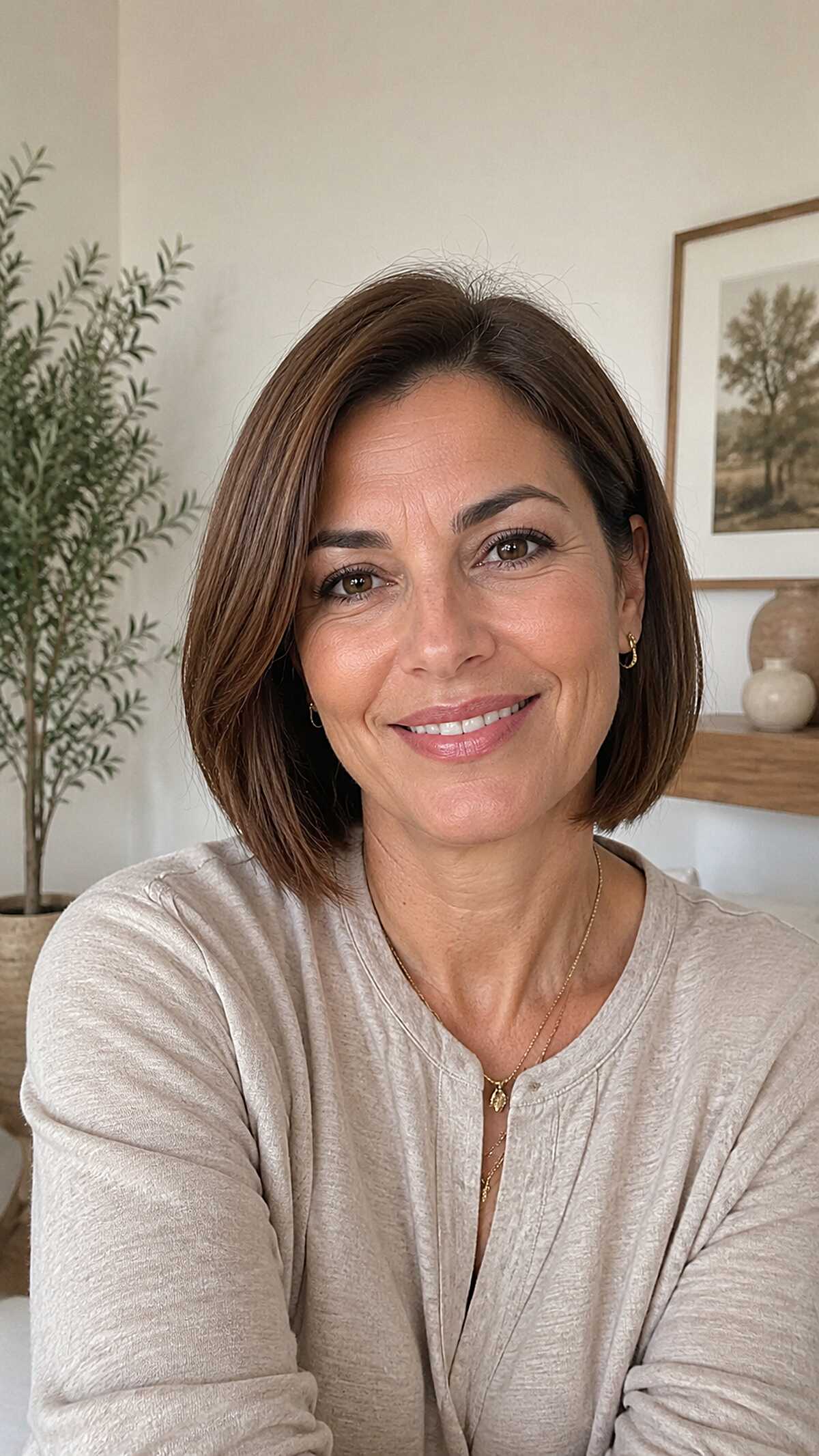 Medium Brunette Box Bob with Textured Ends and Natural Side Part