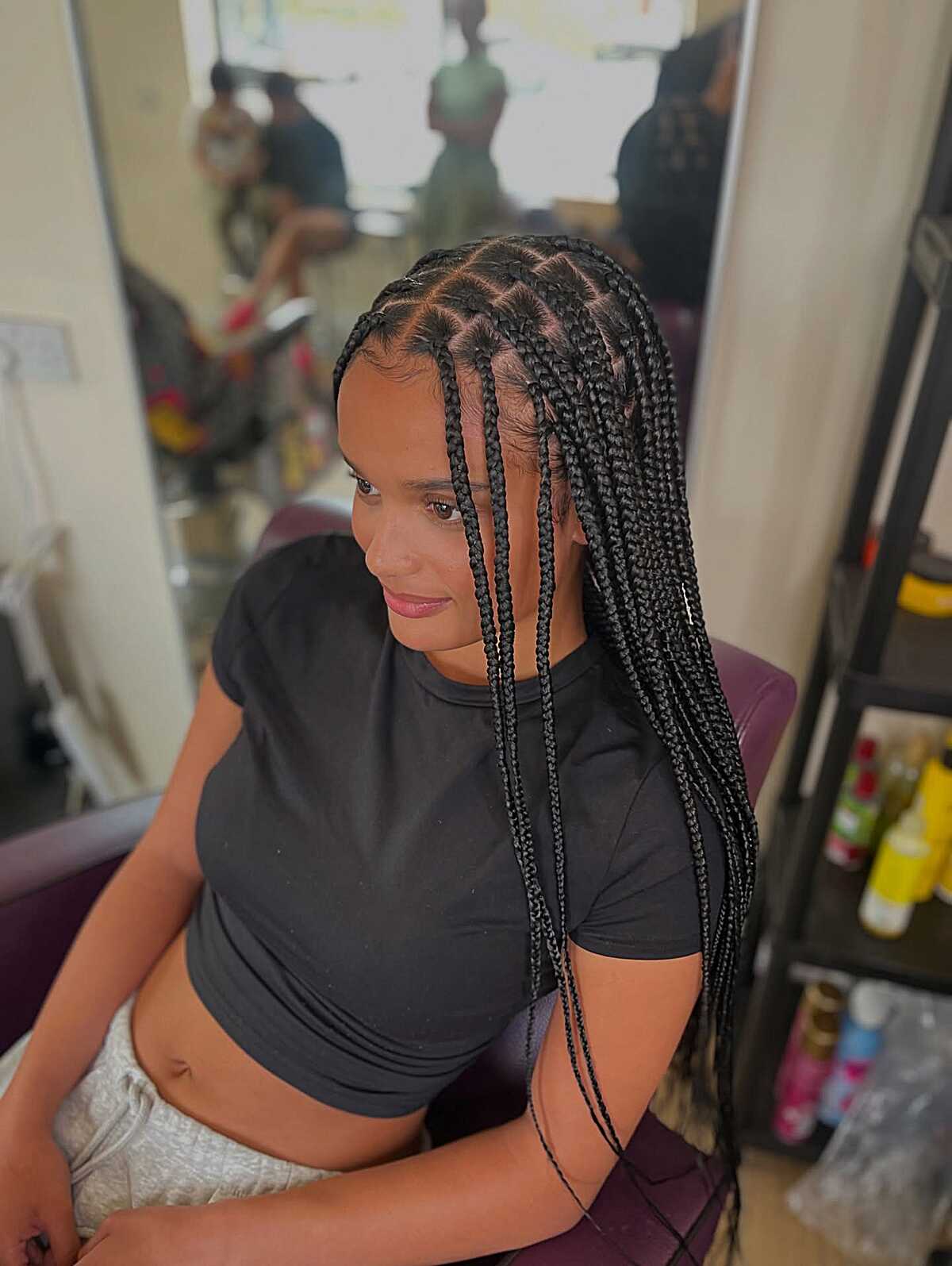 Mixed-Size Knotless Box Braids in Natural Black with Center Part