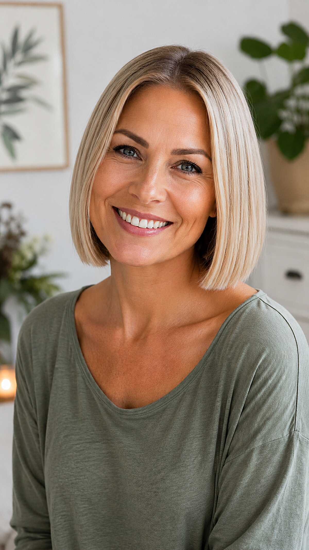Neutral Blonde Box Bob with Blunt Perimeter and Minimal Layering