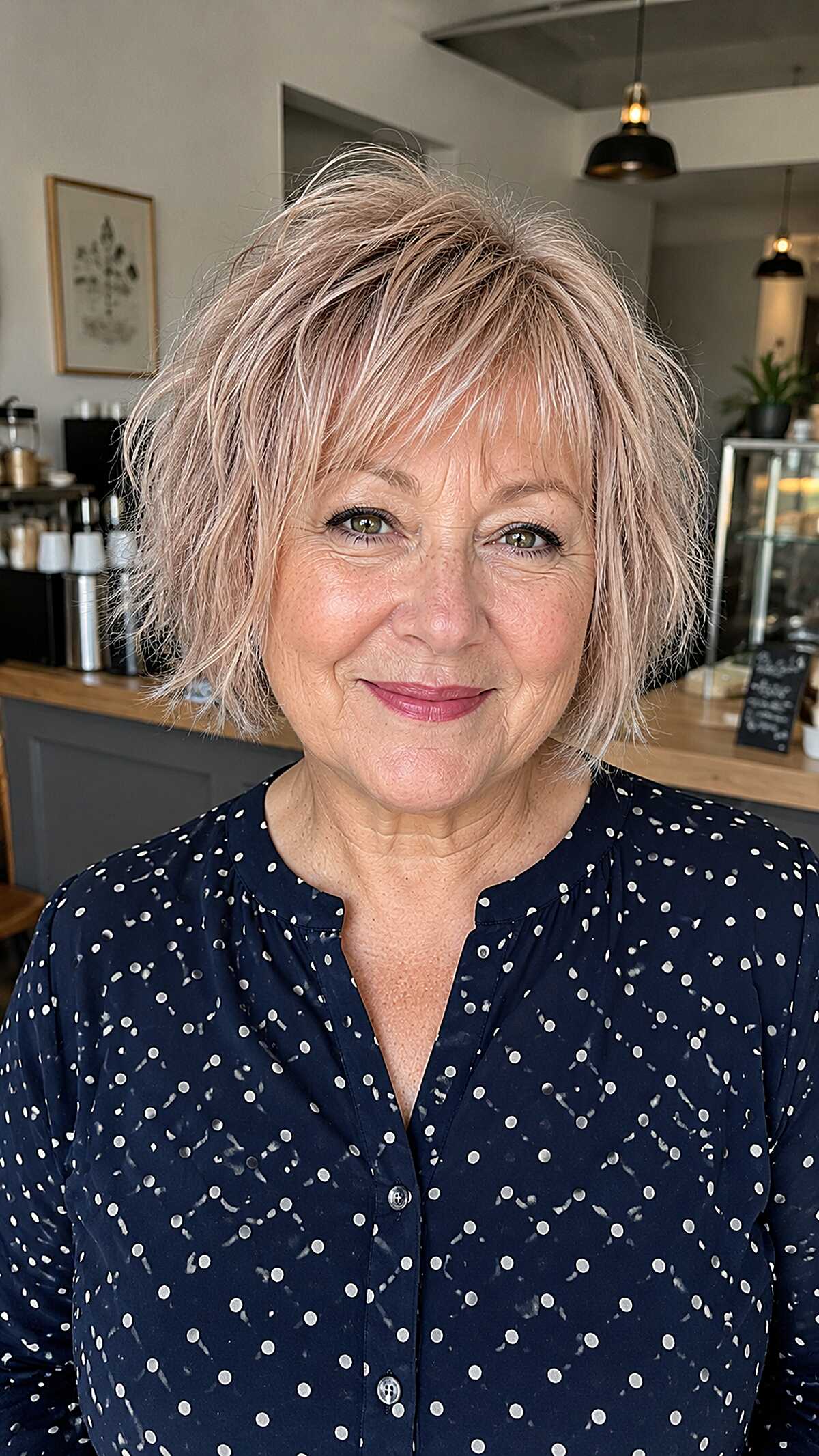 Piecey rose blonde bob with choppy fringe and volume