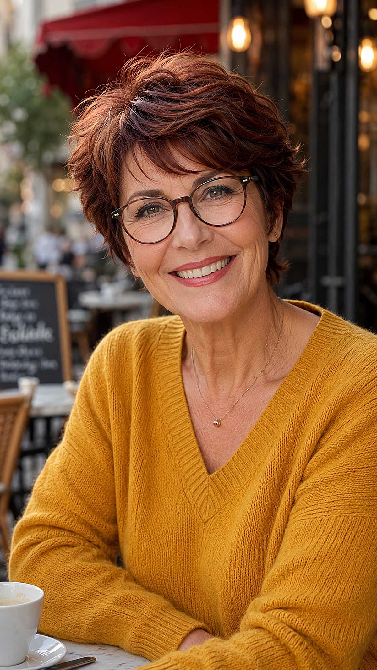 Reddish Brown Layered Pixie With Windblown Crown