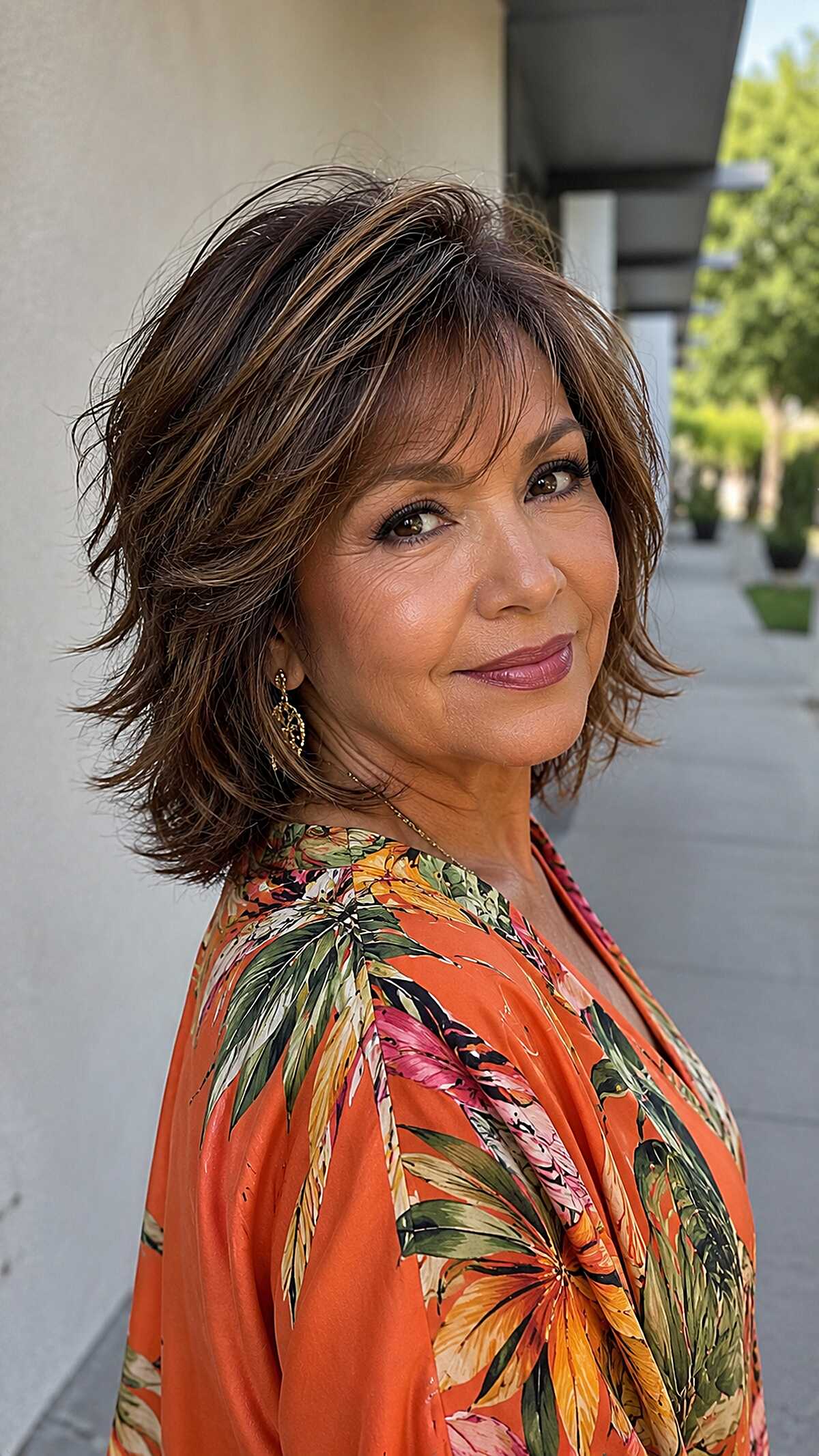 Rich brunette layered bob with flipped volume and layers
