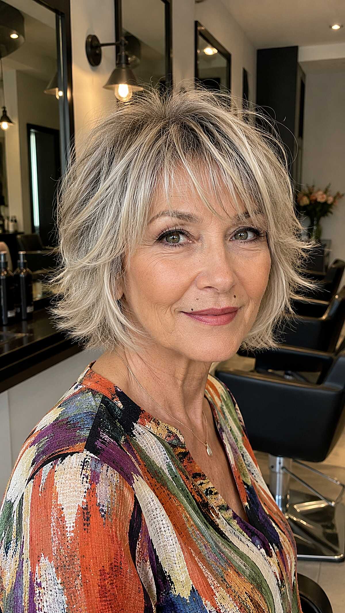 Shaggy blonde bob with piecey bangs and lived-in texture