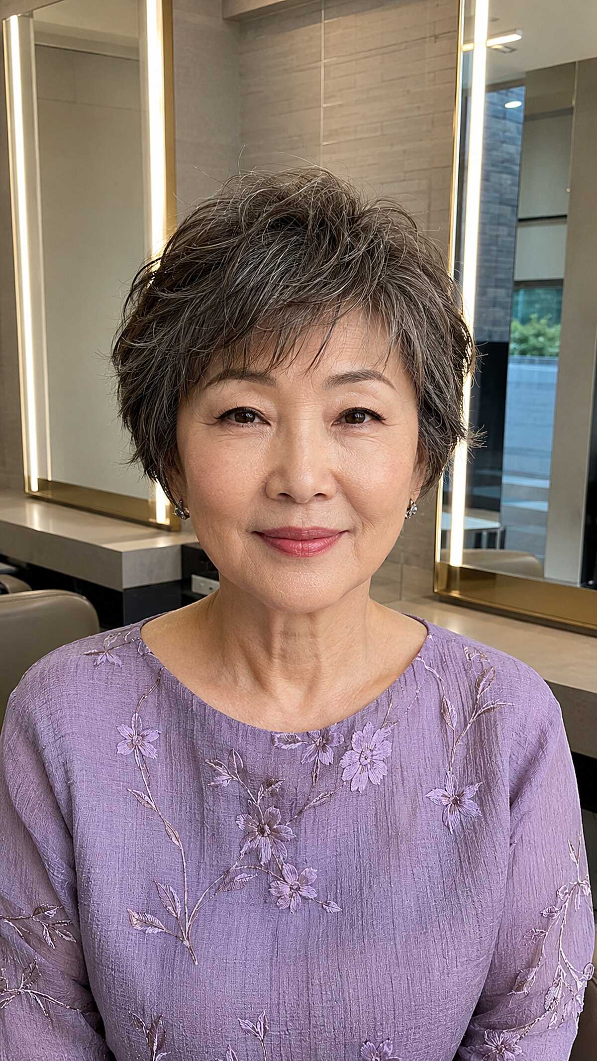 Soft feathered pixie with dark roots and pepper tones