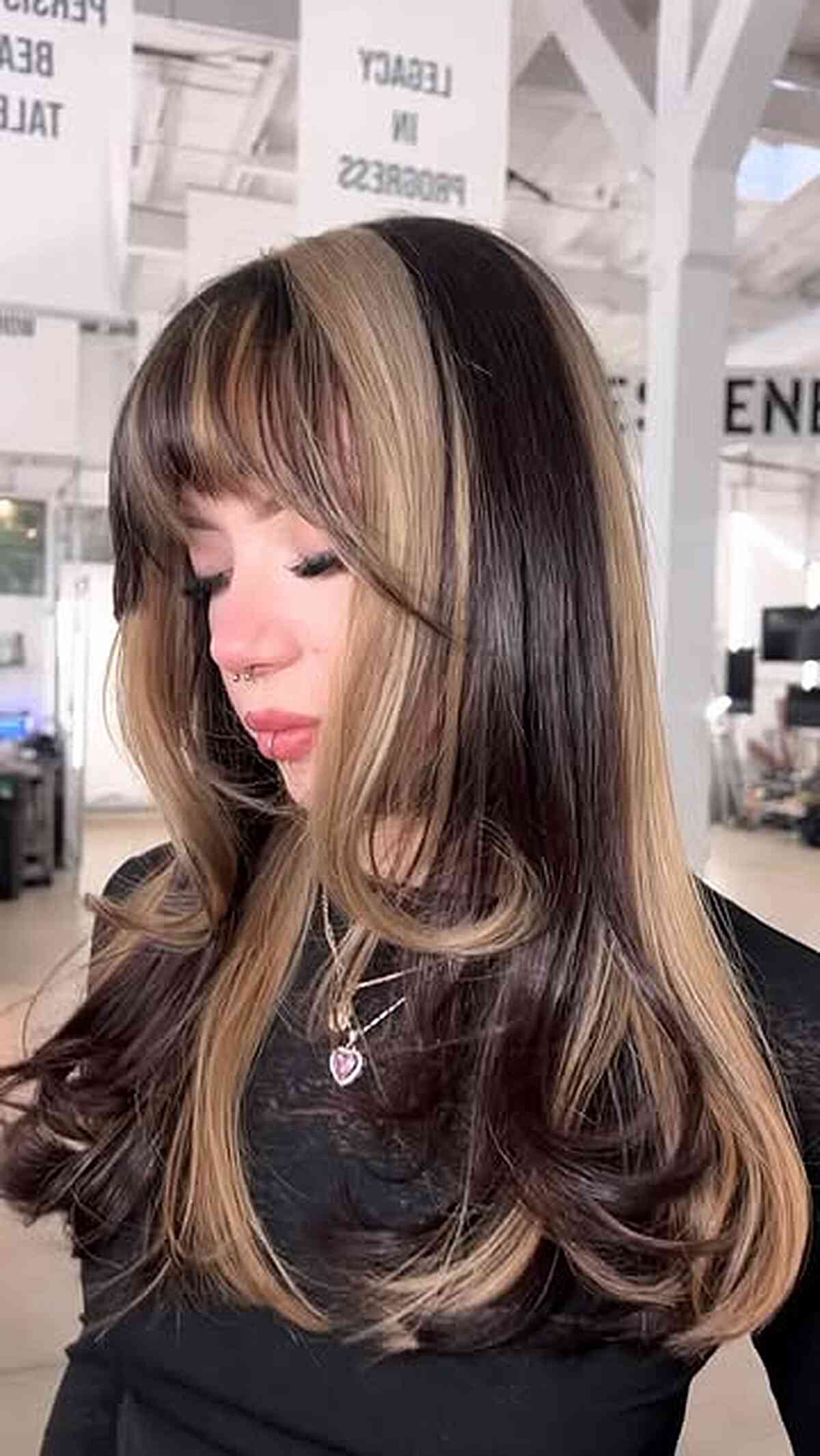Stylish Long Dark Hair with Blonde Chunky Highlights