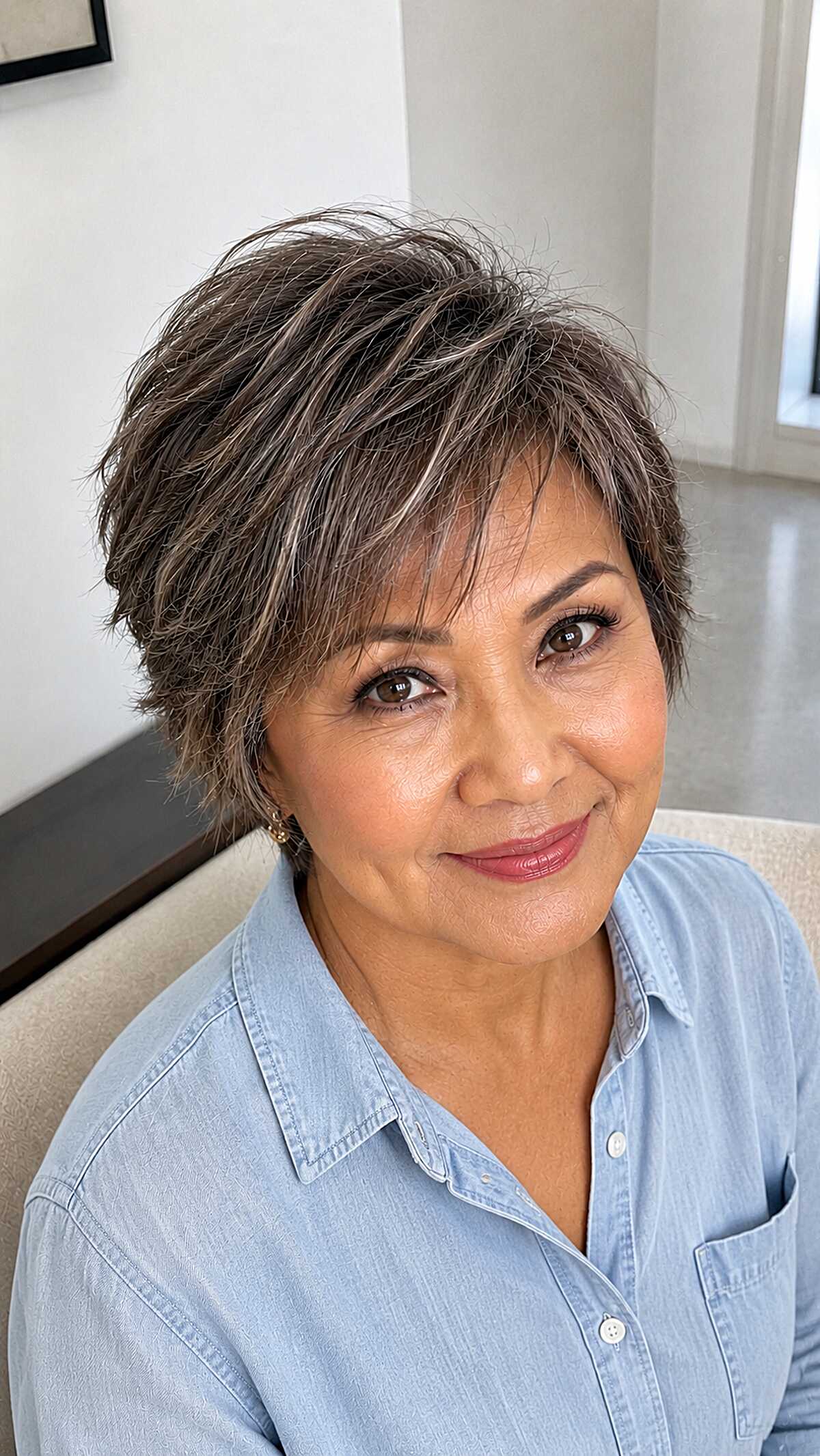 Textured brunette pixie with highlights and swept fringe