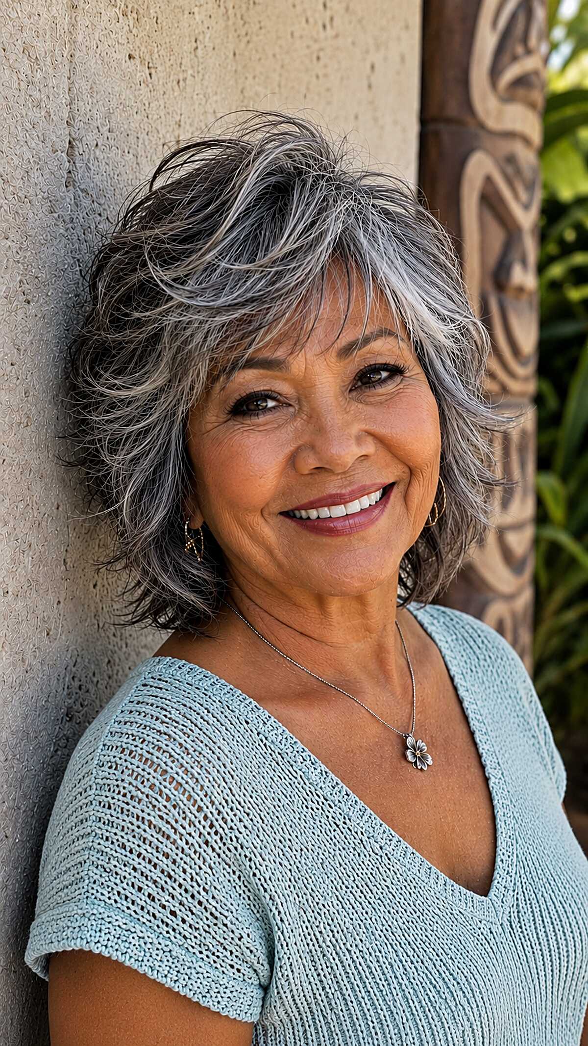Tousled salt and pepper short shag with flipped ends