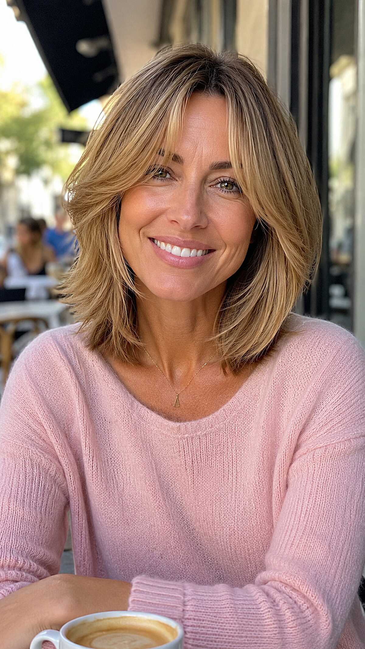 Warm Bronde Layered Bob with Face-Framing Curtain Pieces