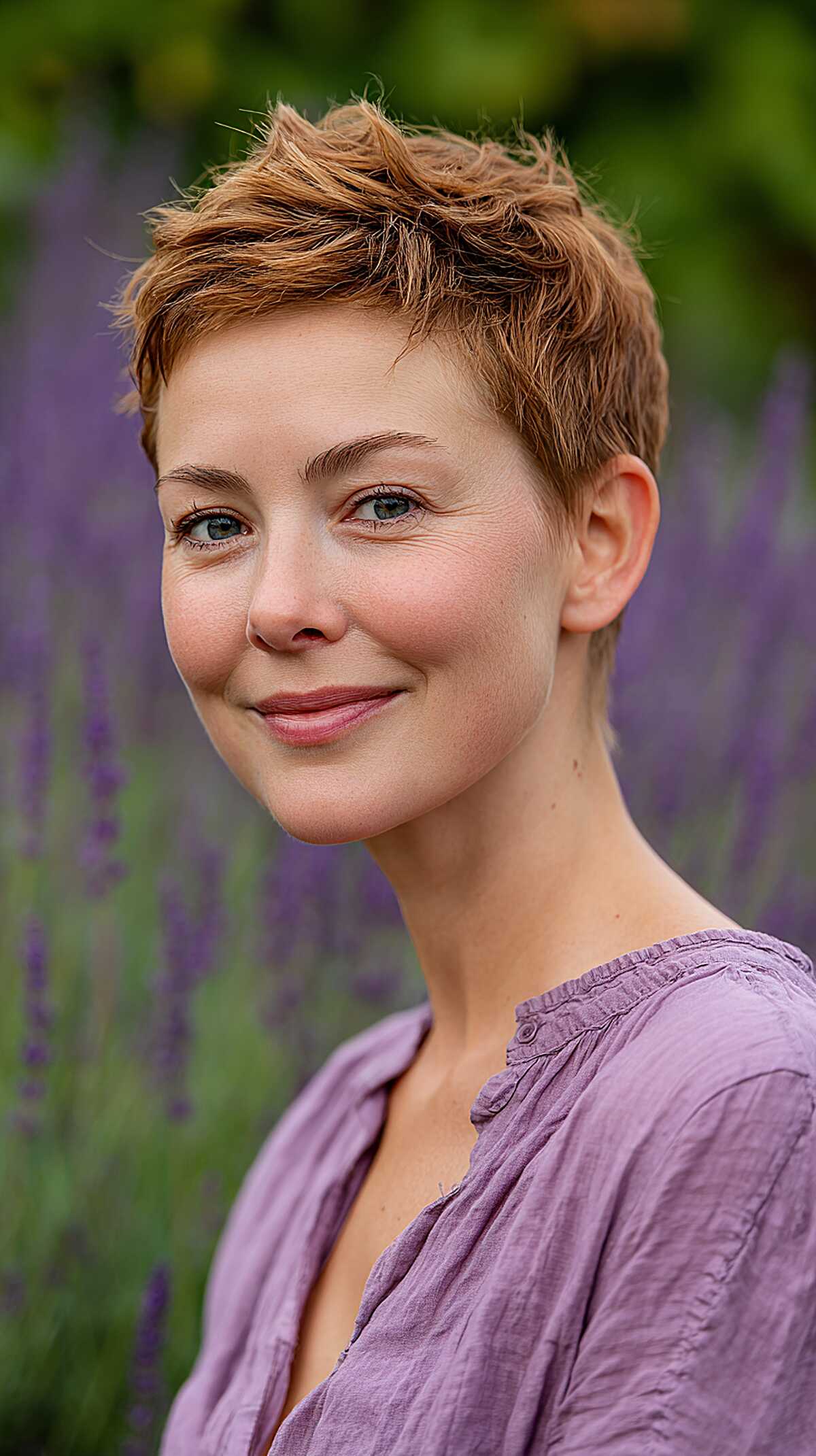 Warm Strawberry Blonde Pixie with Razored Texture