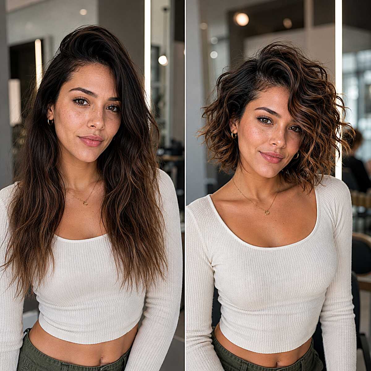 Before and after long to short curly shag with side part