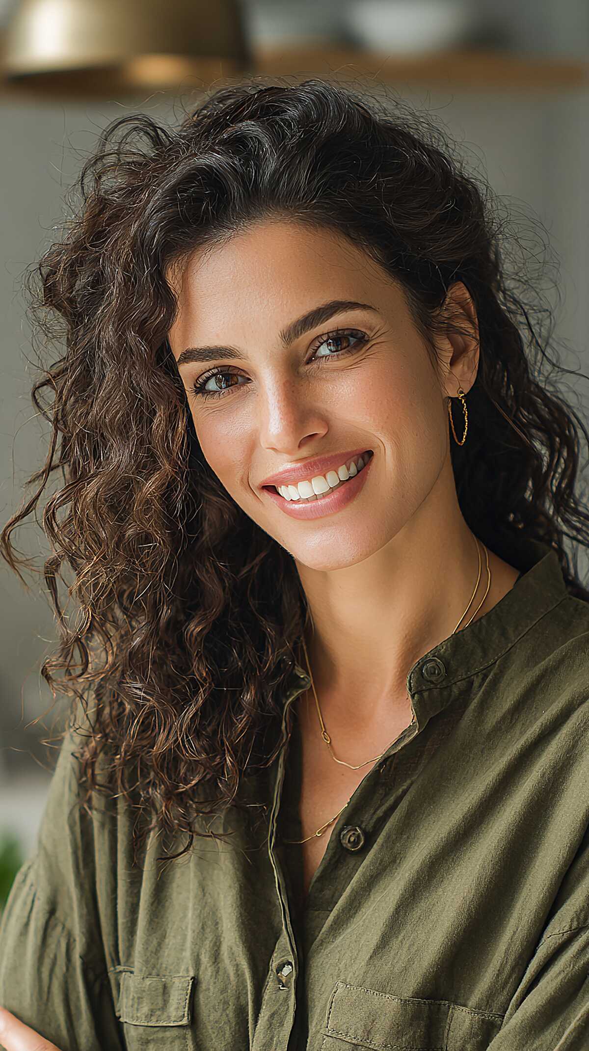 Brunette Mid-Length Curls with a Loose Side Sweep