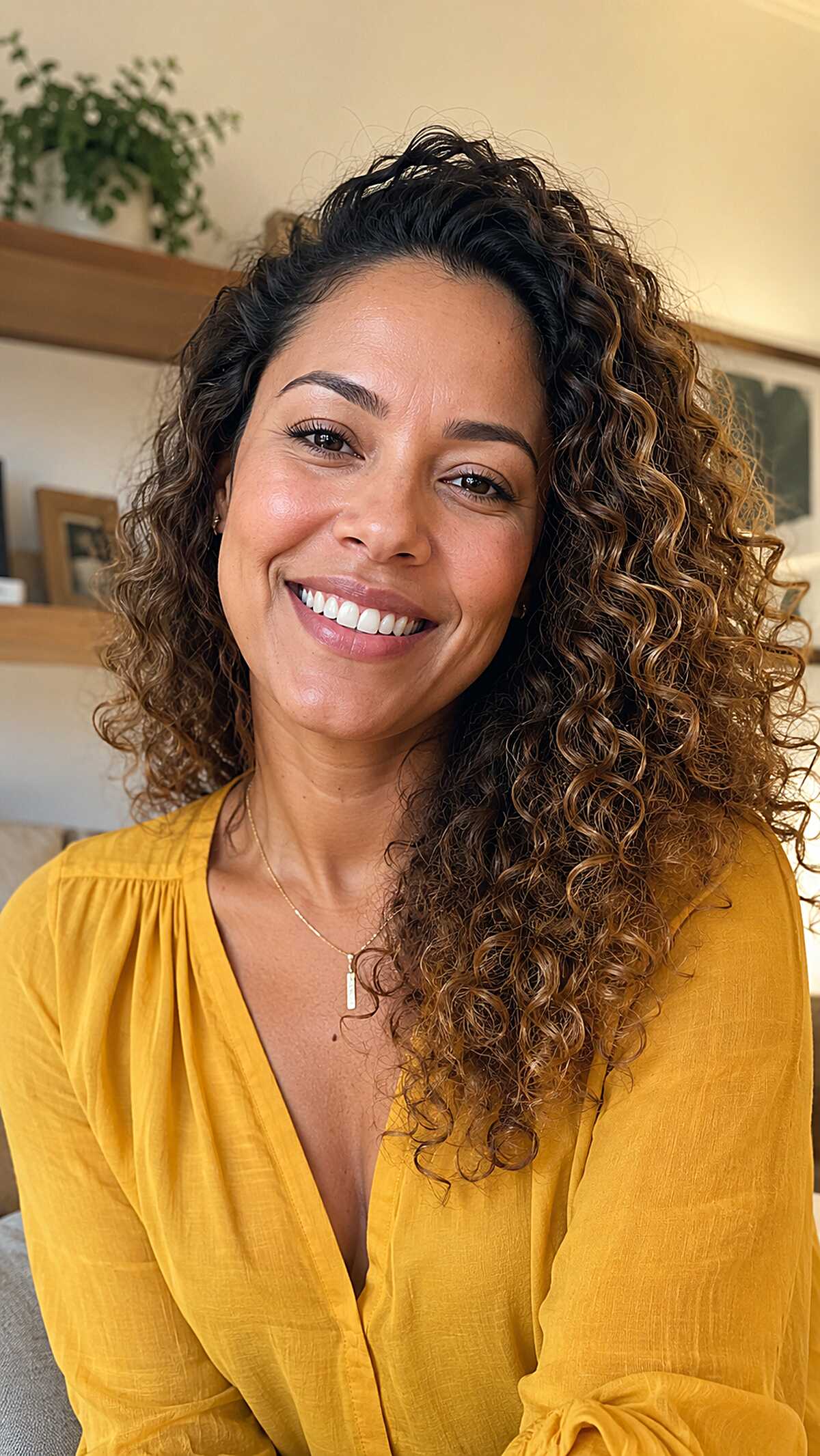 Caramel-Tipped Long Curls with Dark Root Depth