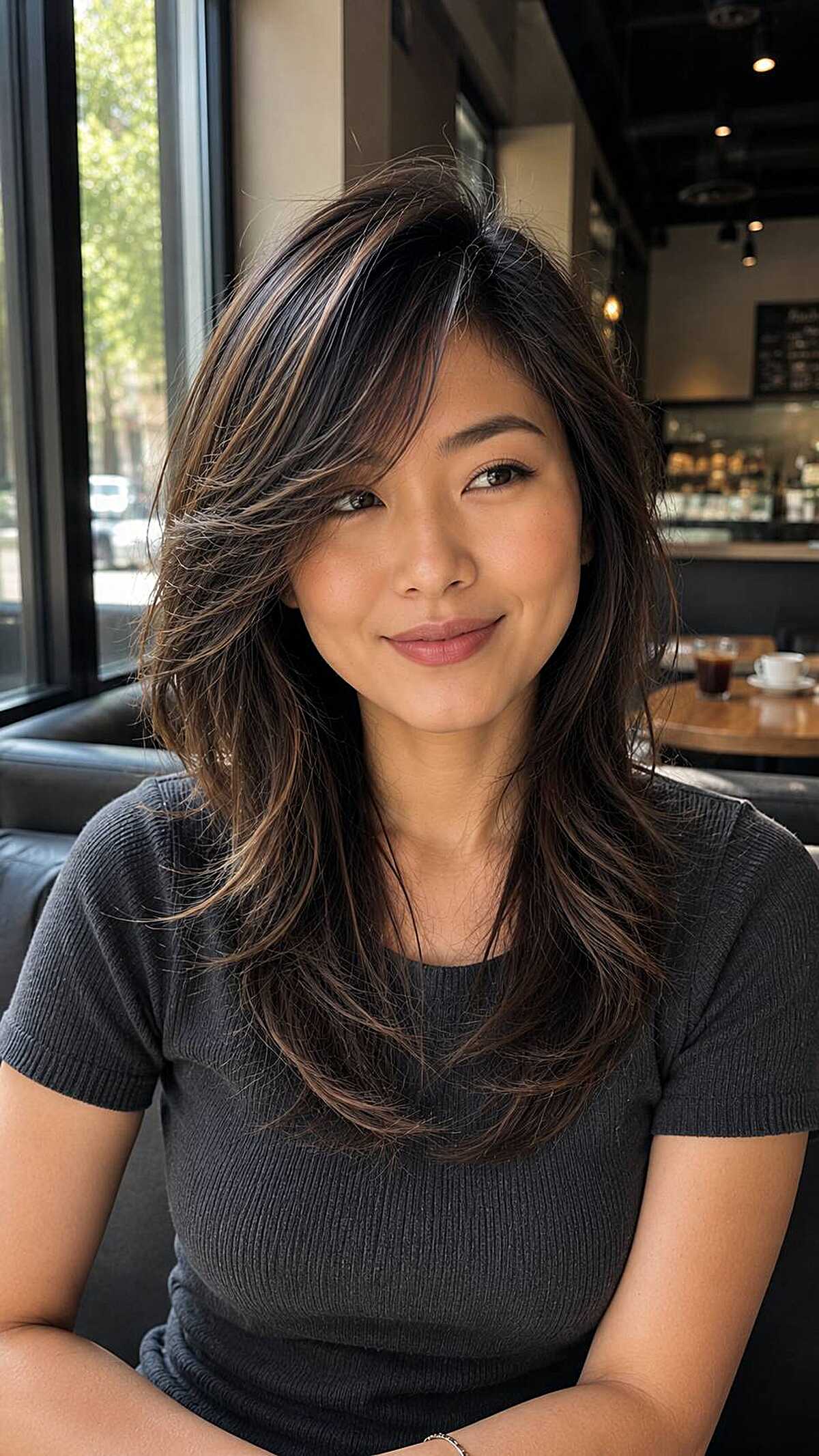 Medium dark brunette layered shag with subtle highlights