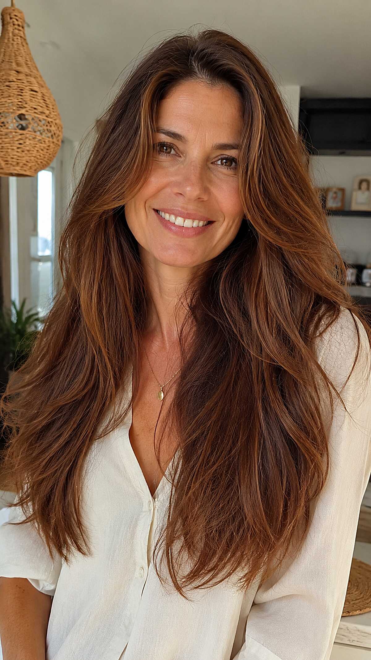 Copper-Kissed Brunette with Lived-In Feathered Movement