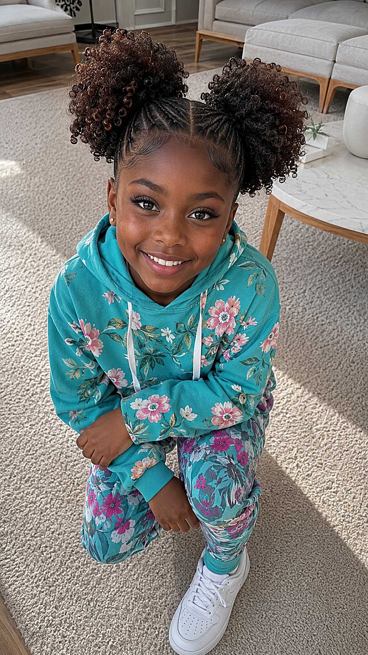 Cornrowed Base with Bouncy Curly Puffs