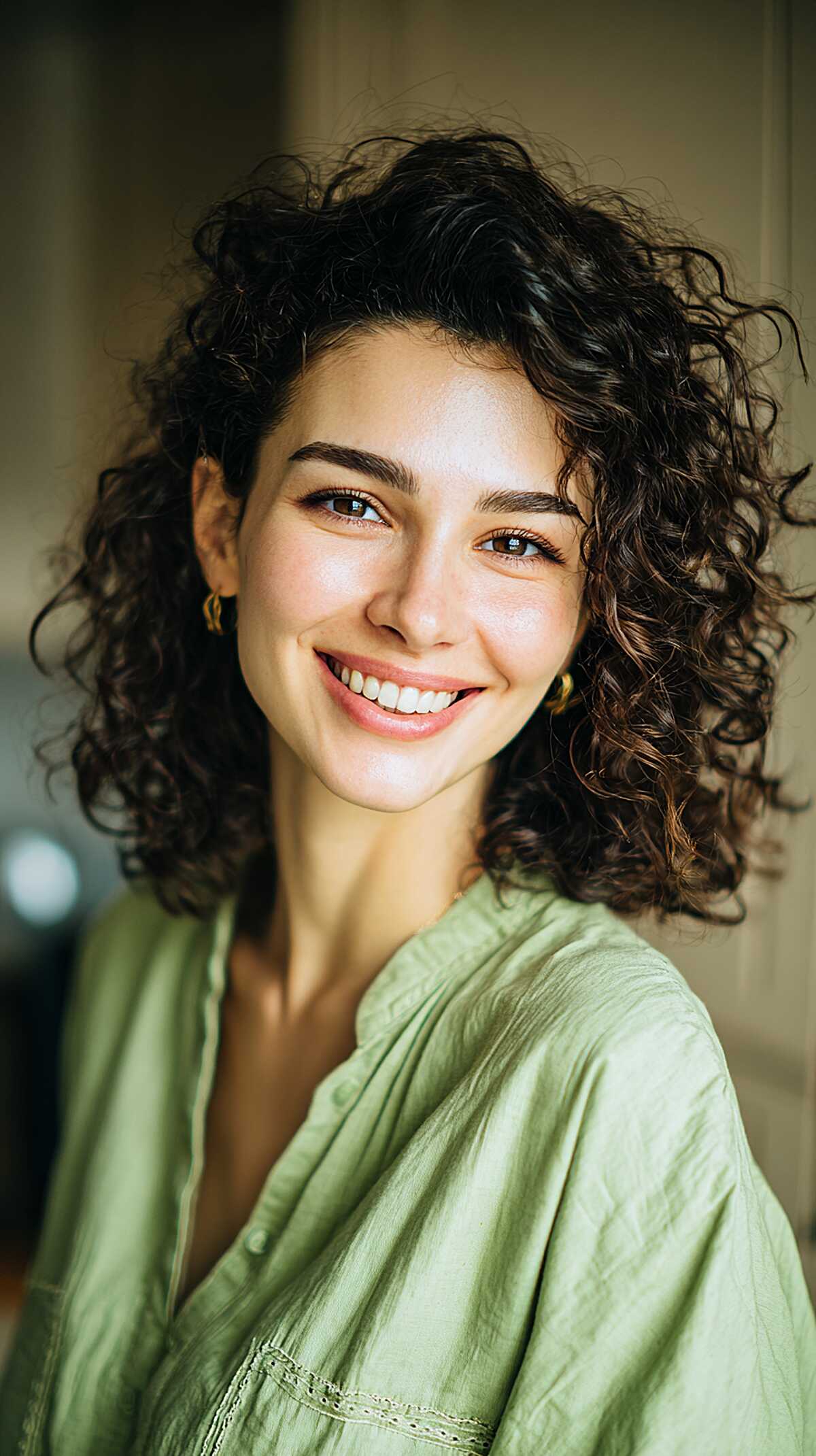 Dark Natural Curly Bob with Soft Volume at the Crown