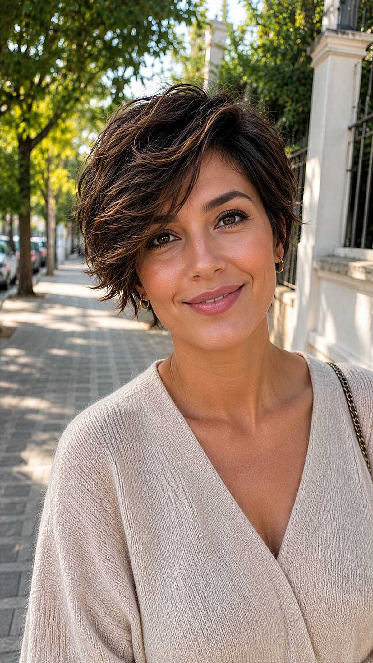 Short feathered pixie shag with warm highlights