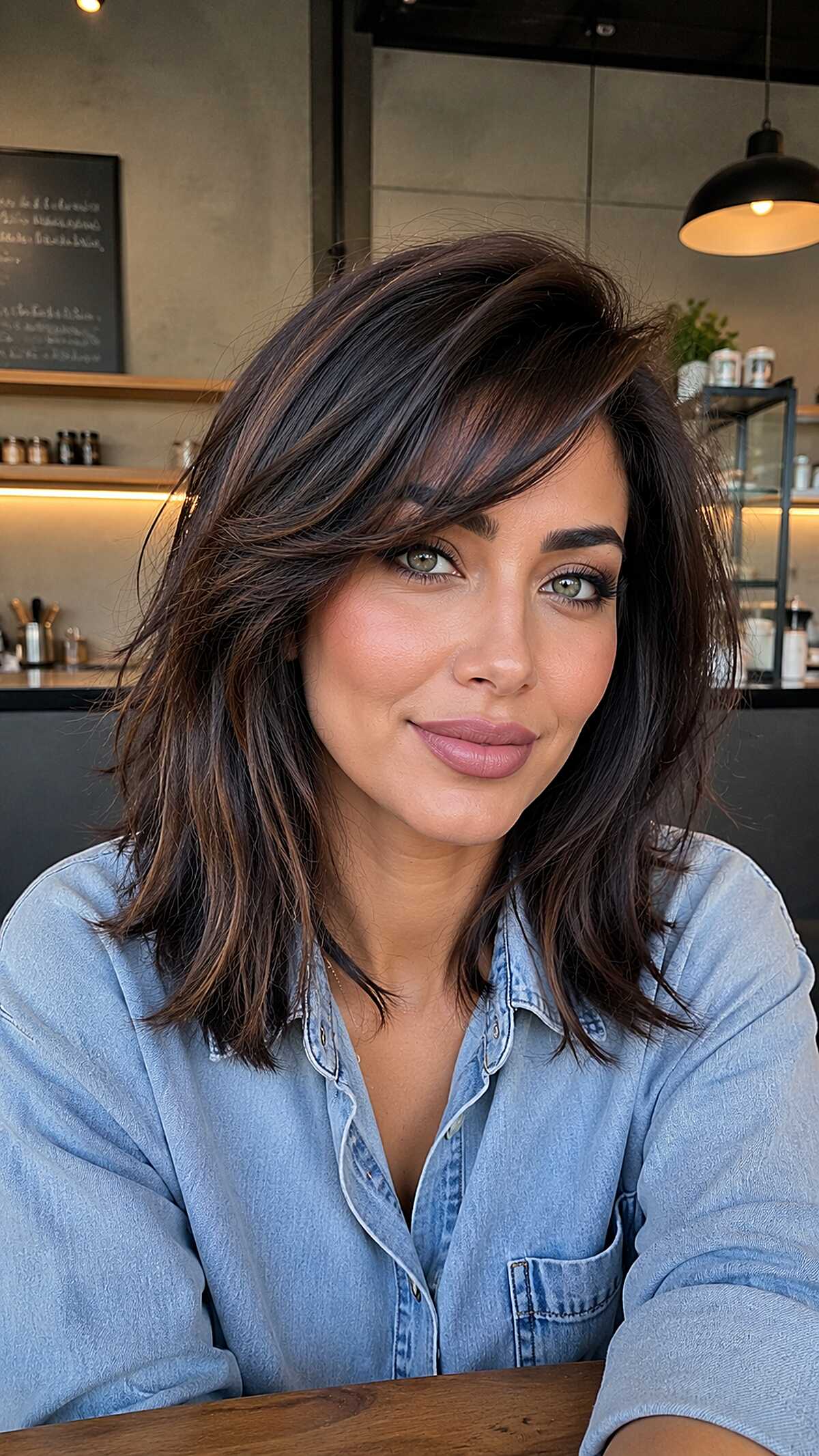 Dark chocolate lob shag with side-swept fringe