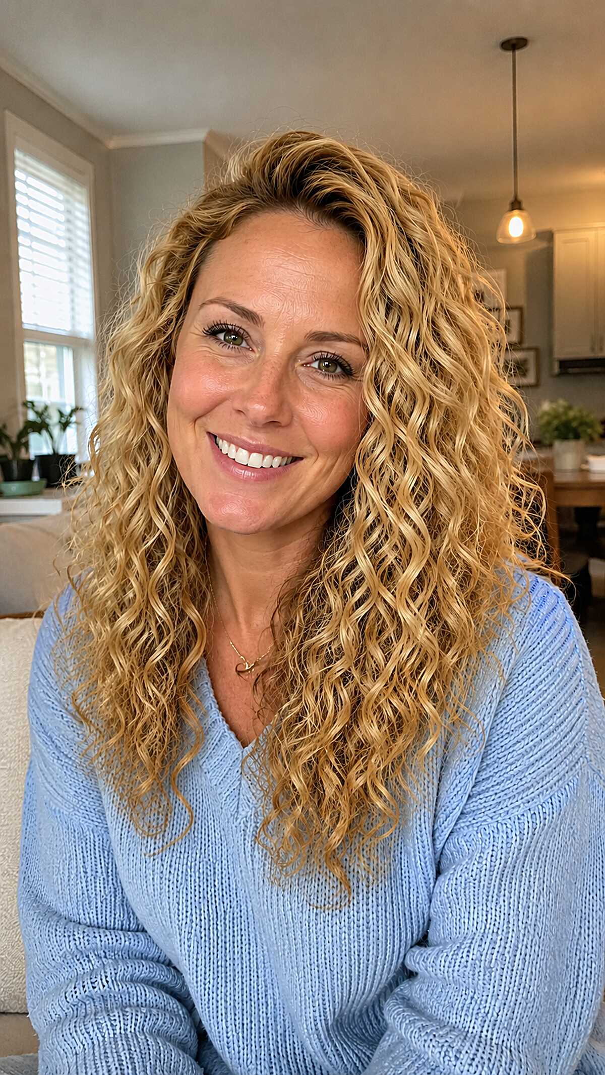 Golden Blonde Long Curls with a Natural Center Part