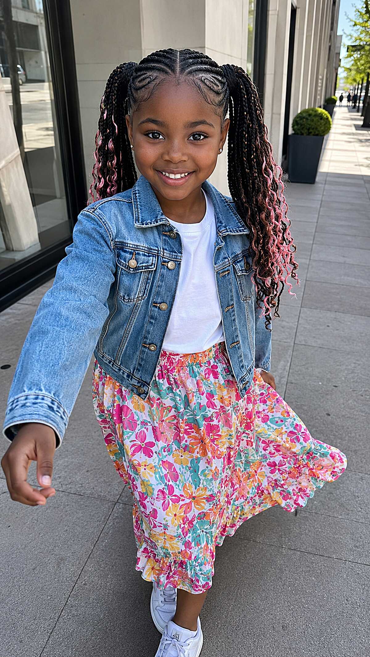 Heart-Parted Cornrow Pigtails with Pink Curly Extensions
