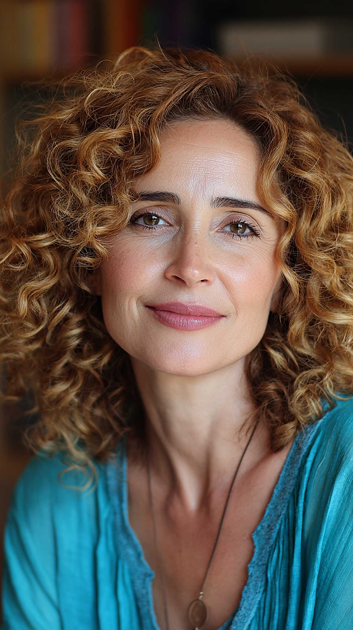 Honey Blonde Curly Shoulder Length with Natural Root Shadow
