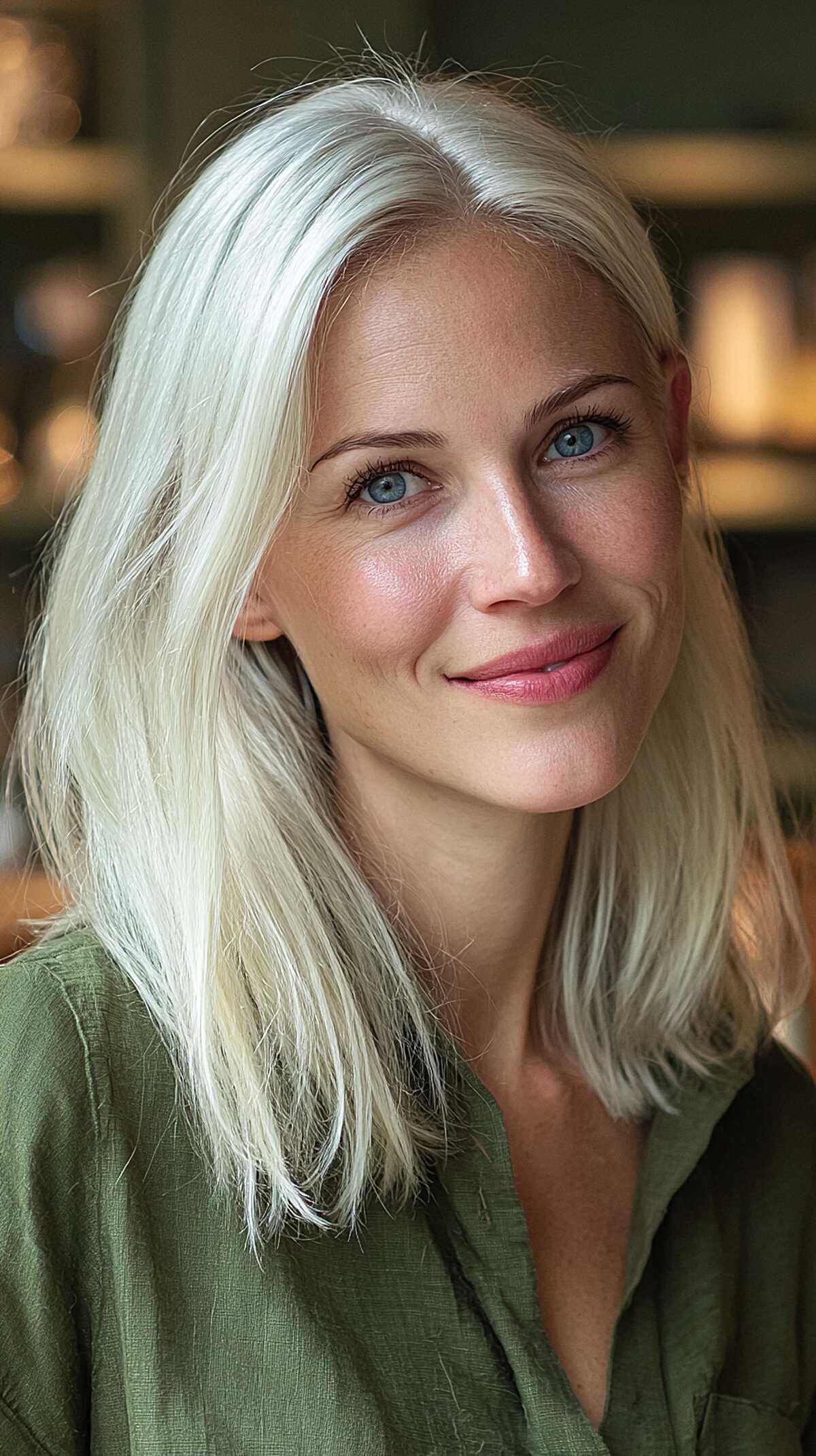 Icy white blonde medium-length hair with soft layers