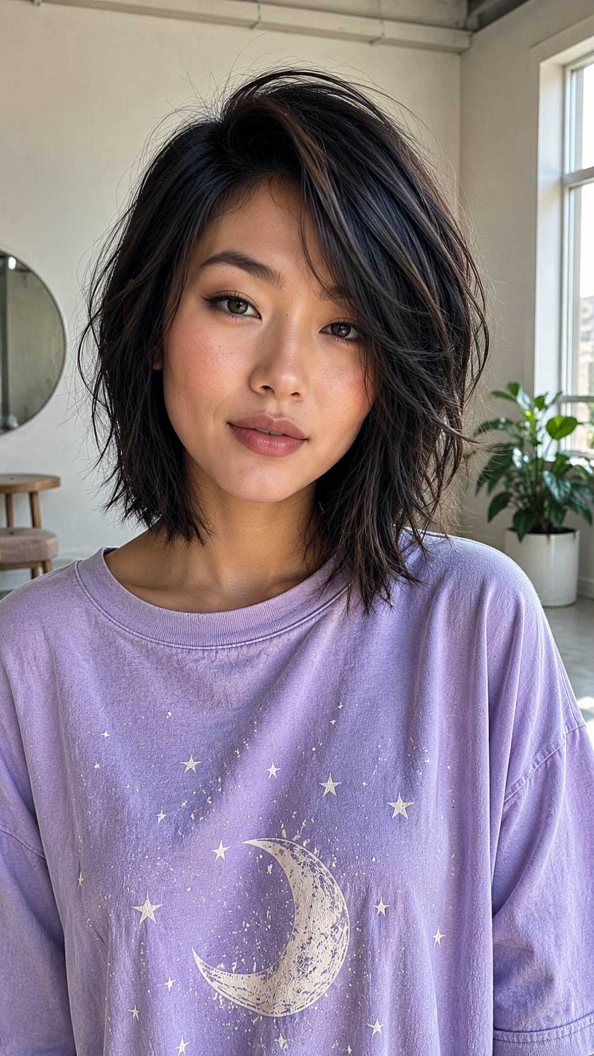 Short black textured shag with wispy side part
