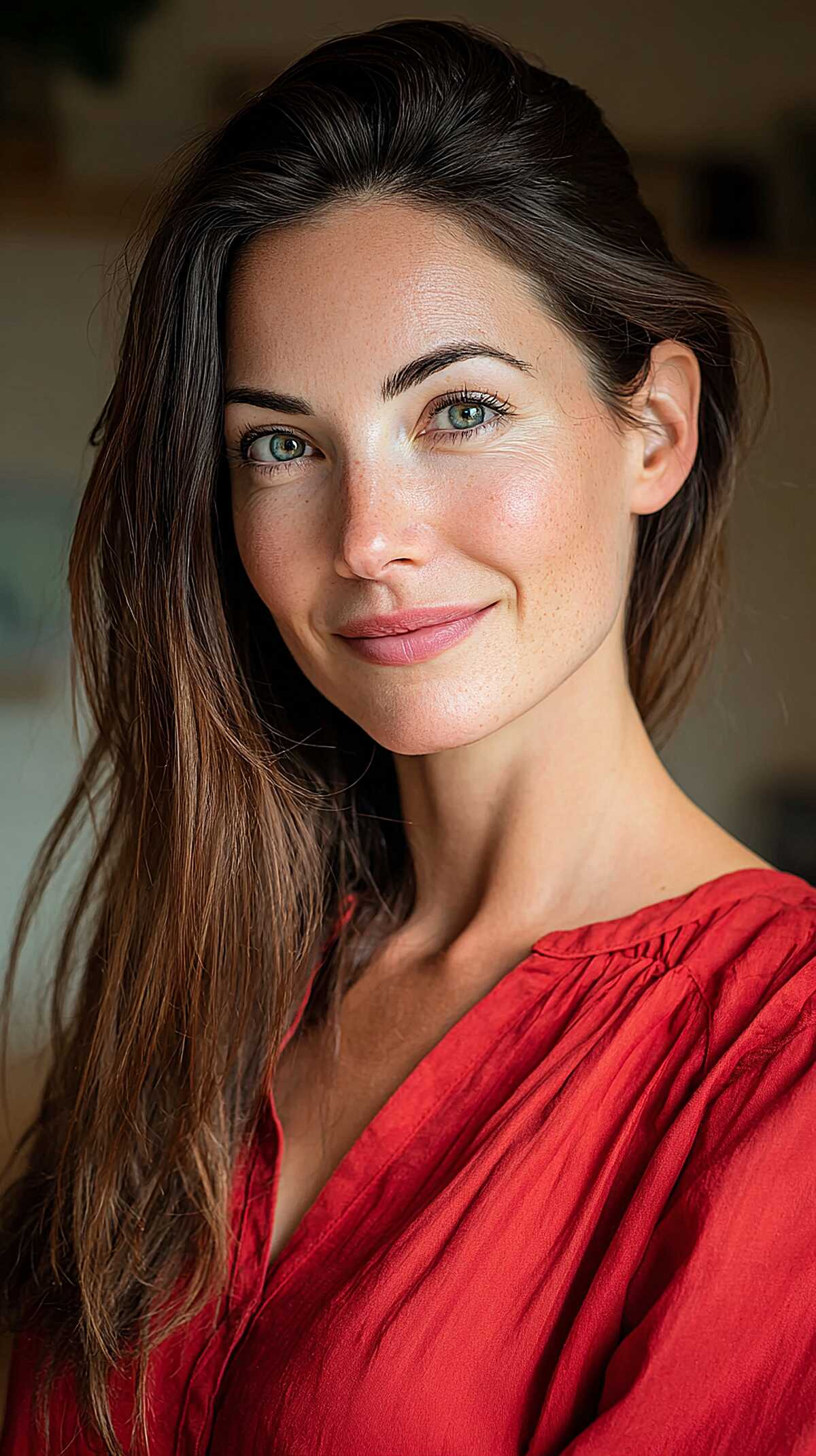 Long dark brown hair with deep side part and soft waves