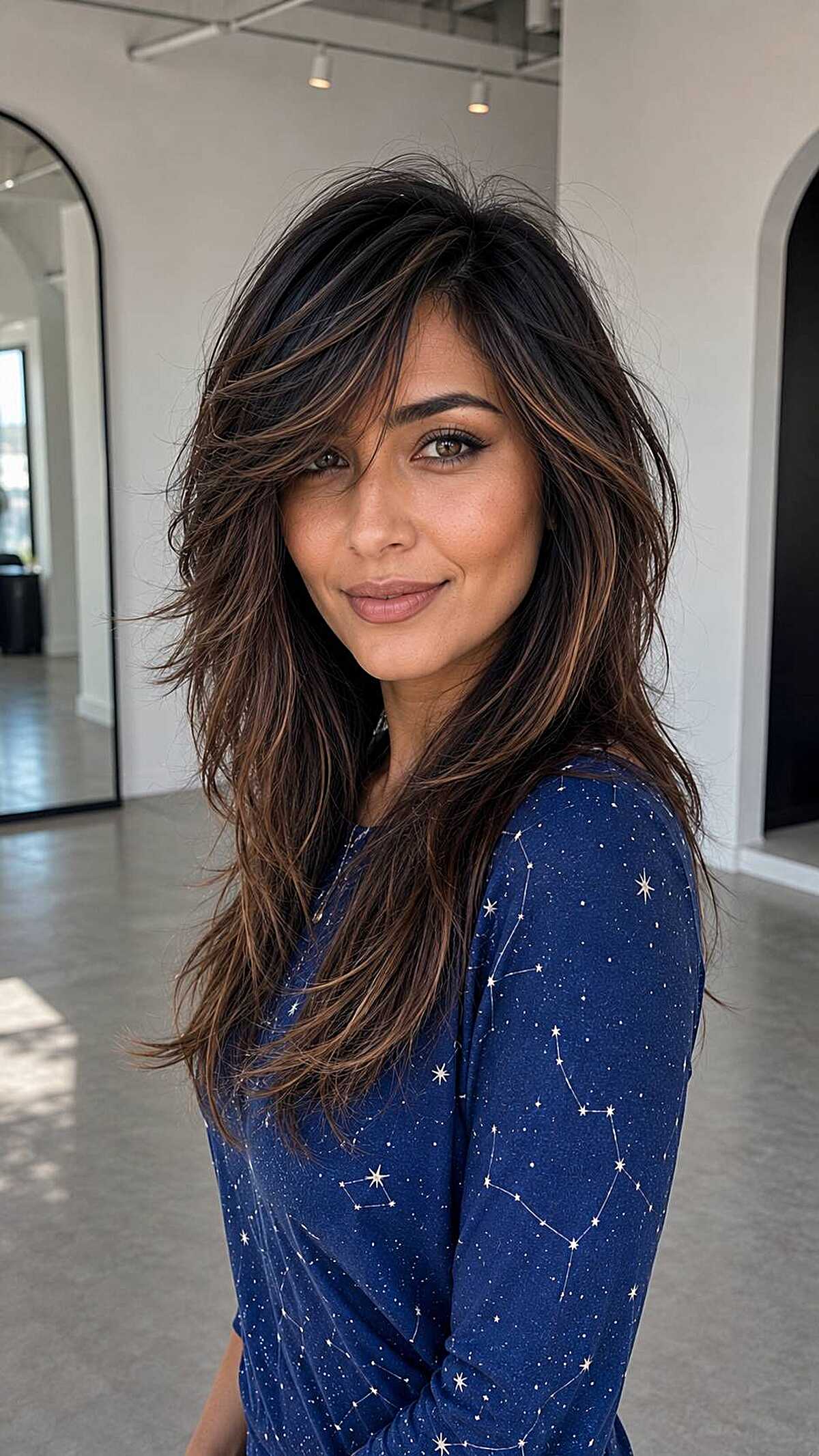 Long dark shag with deep side part and highlights