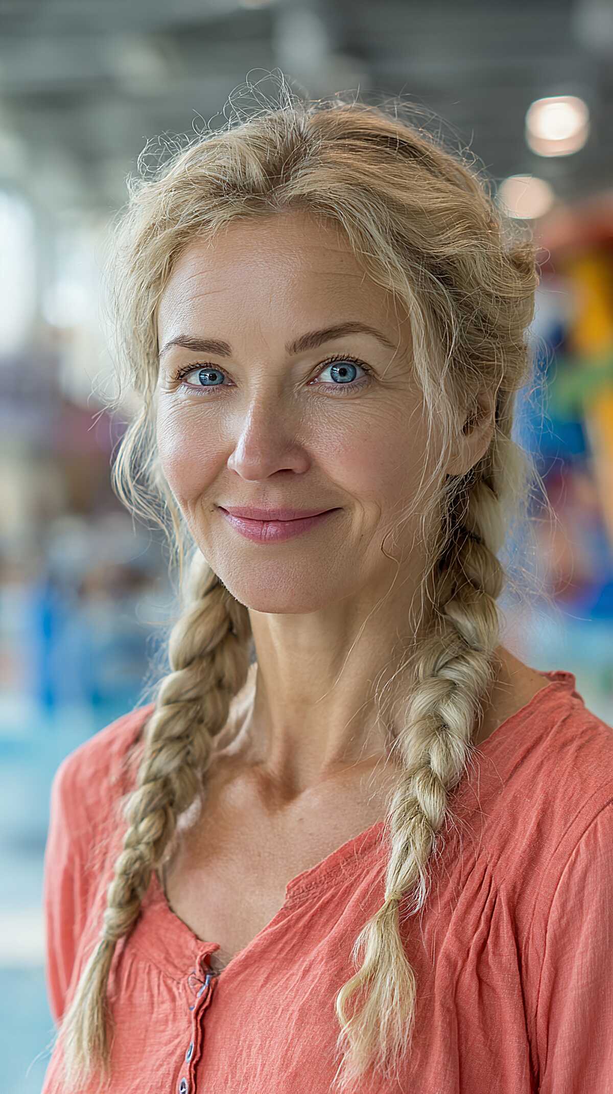 Loose Double Braids With Flyaways on Fine Blonde Hair