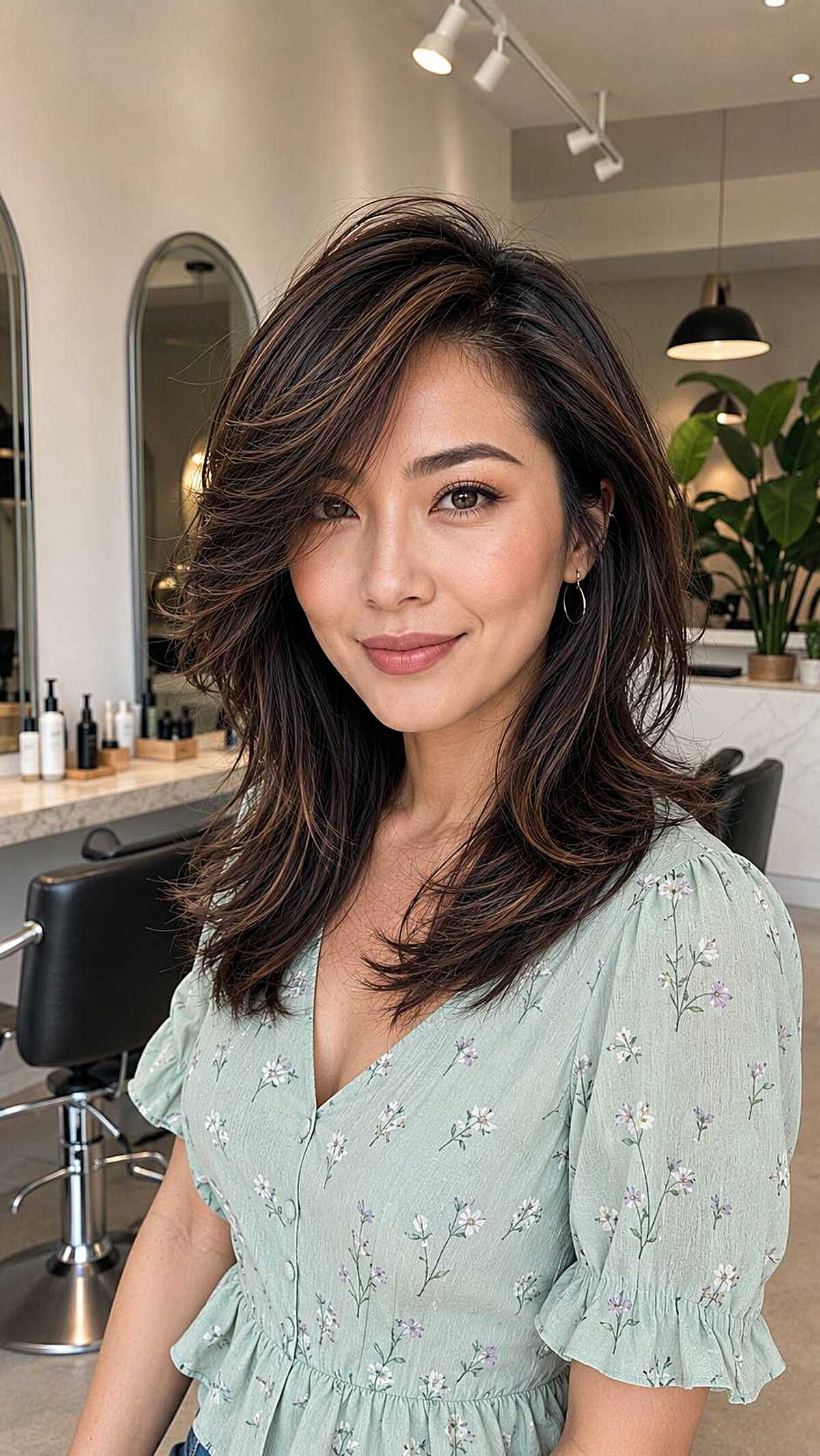 Medium dark brown shag with side-swept curtain layers