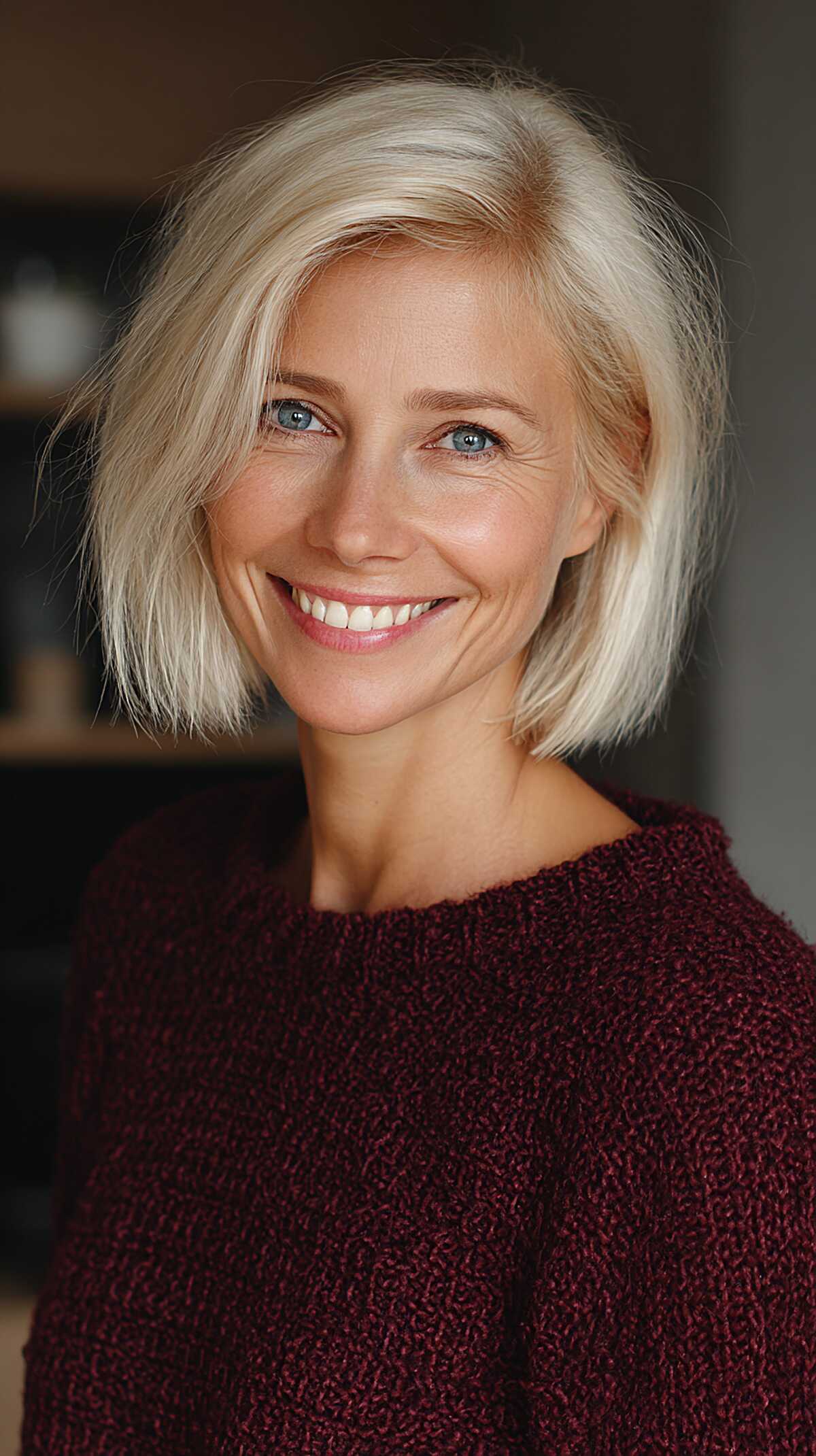 Platinum blonde chin-length bob with airy volume