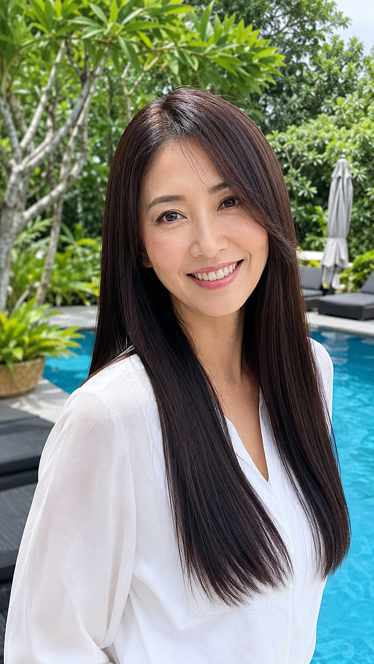 Long polished dark straight hair with side-swept fringe